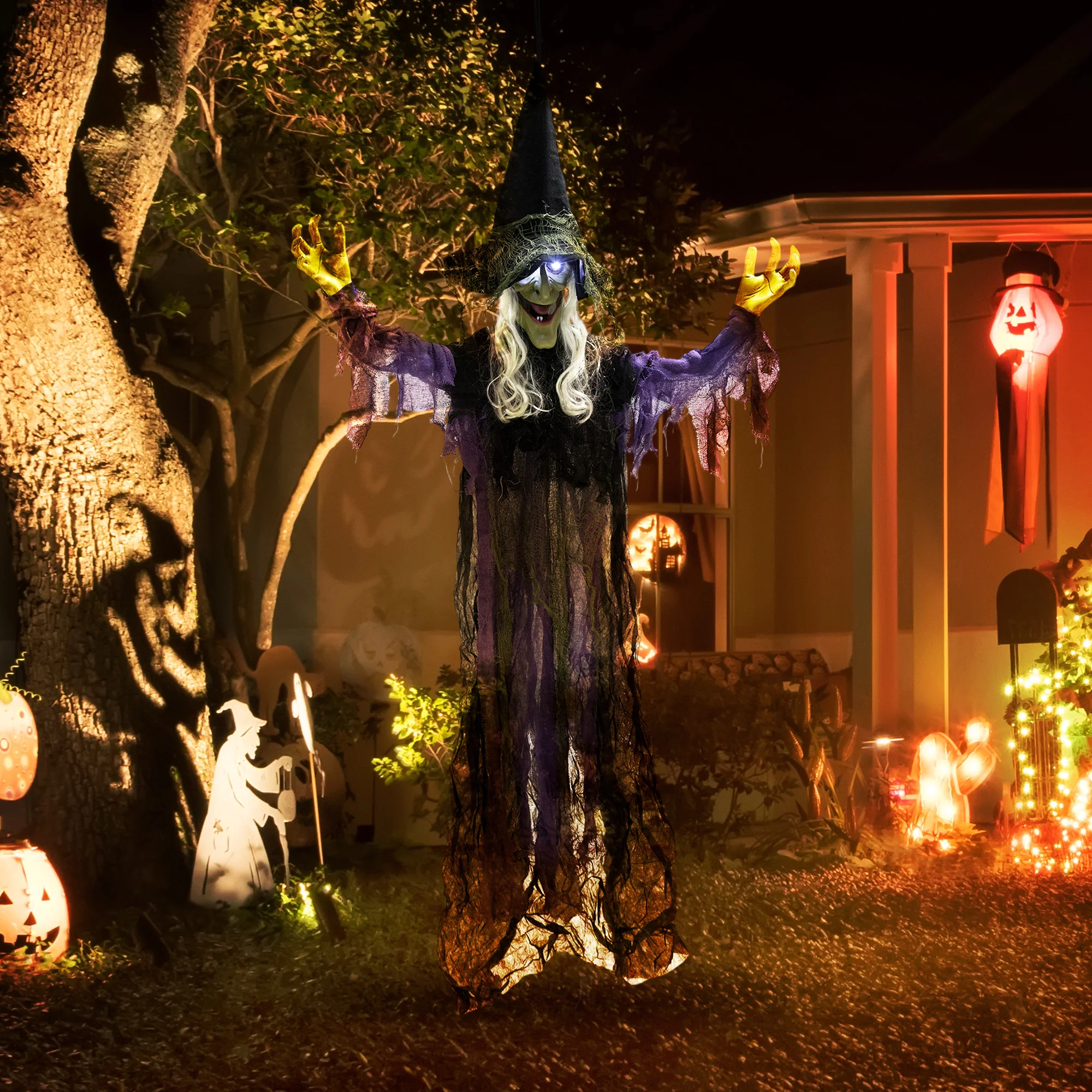 Outsunny Voice Activated Halloween Animatronics Hanging Witch, Purple - Image 8