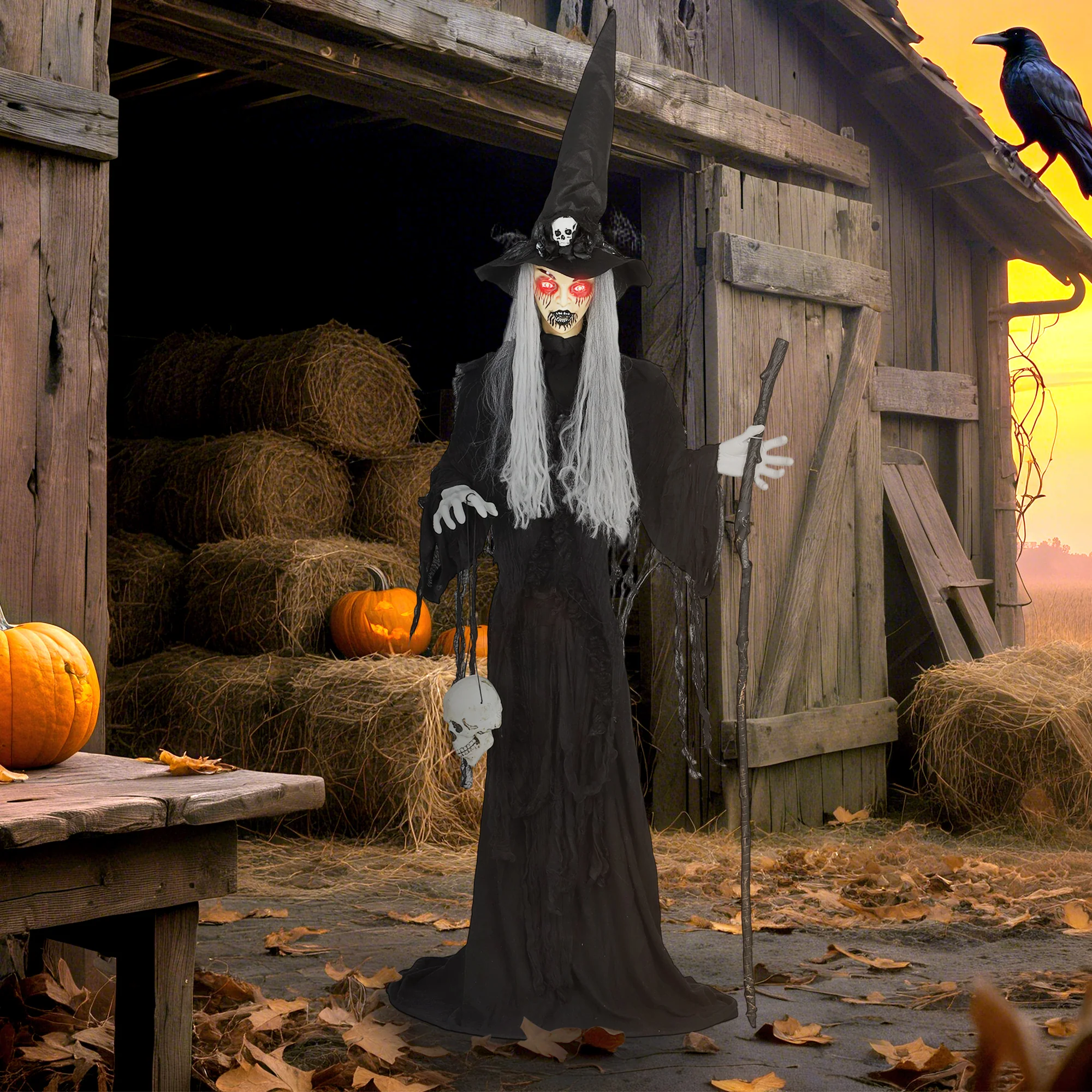 Outsunny Voice Activated Halloween Animatronics Standing Witch, Black - Image 2