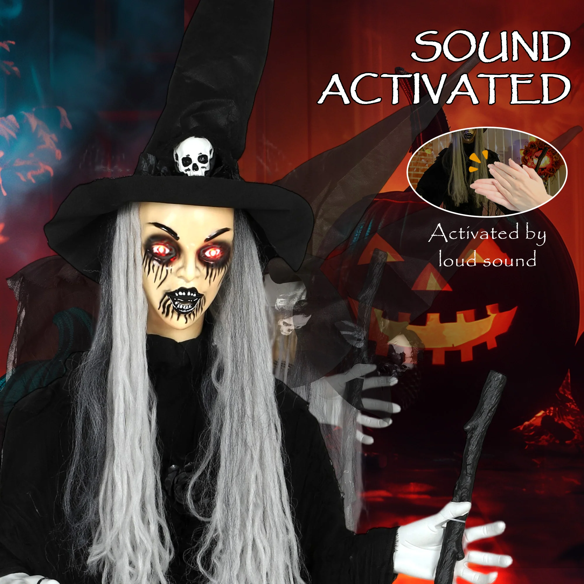 Outsunny Voice Activated Halloween Animatronics Standing Witch, Black - Image 5