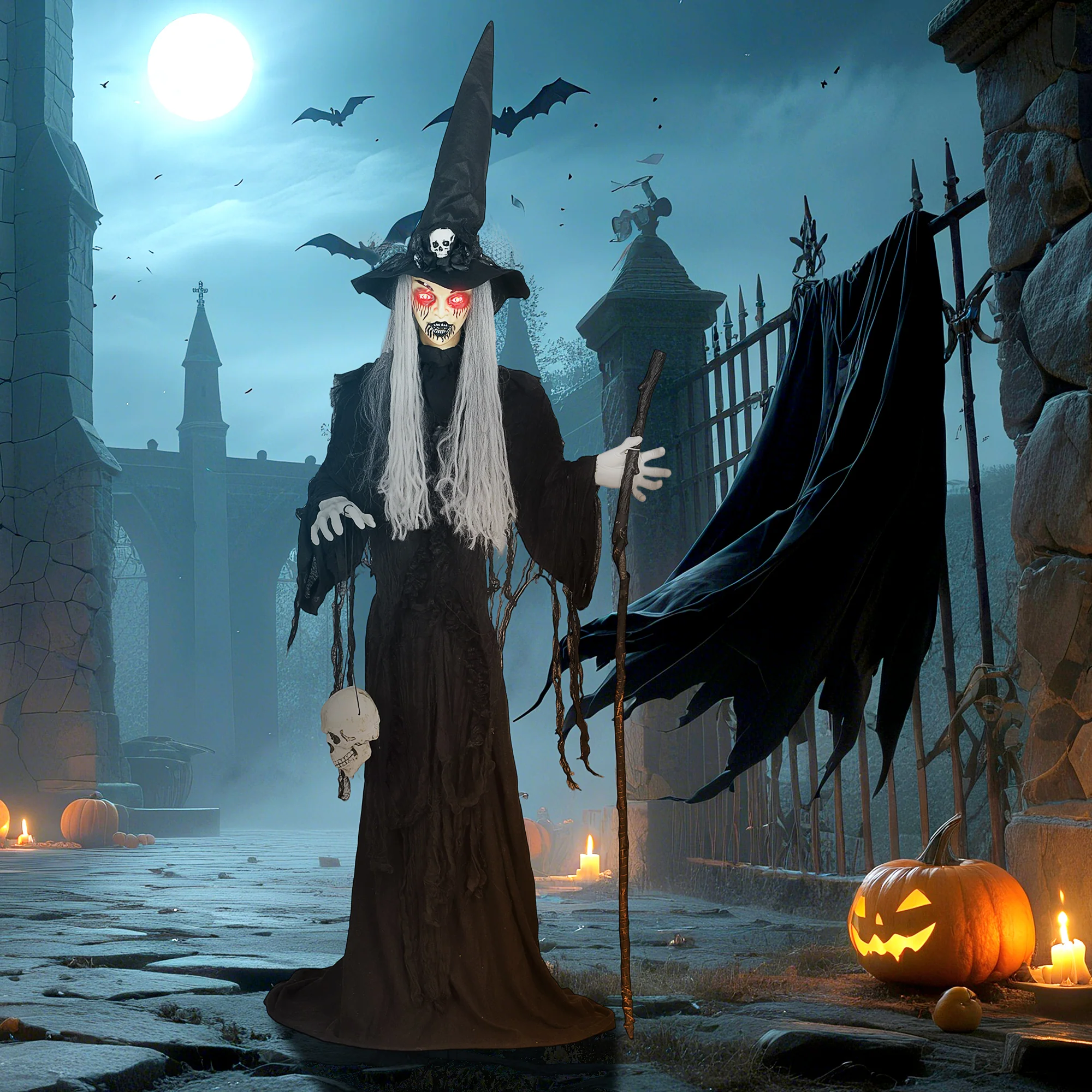 Outsunny Voice Activated Halloween Animatronics Standing Witch, Black - Image 8