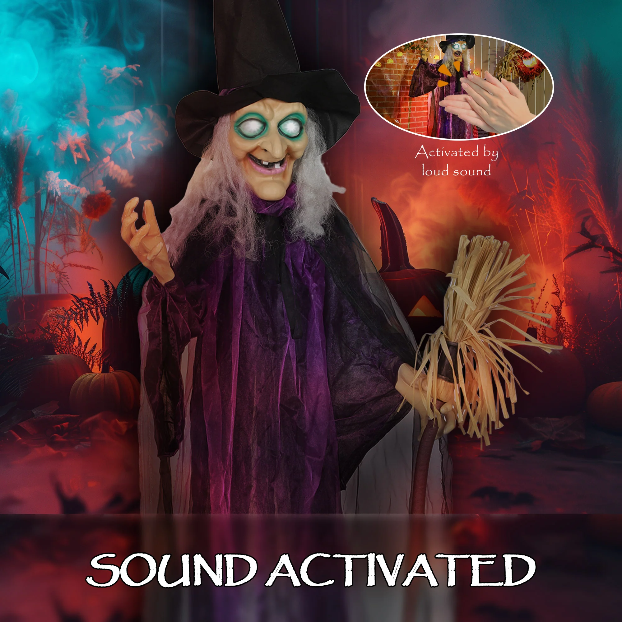 Outsunny Voice Activated Halloween Animatronics Standing Witch, Purple - Image 5