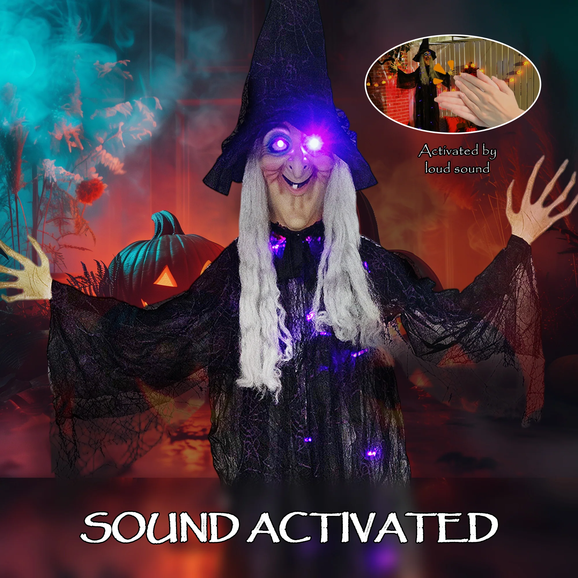Outsunny Voice Activated Halloween Animatronics Witch, Battery Operated - Image 6