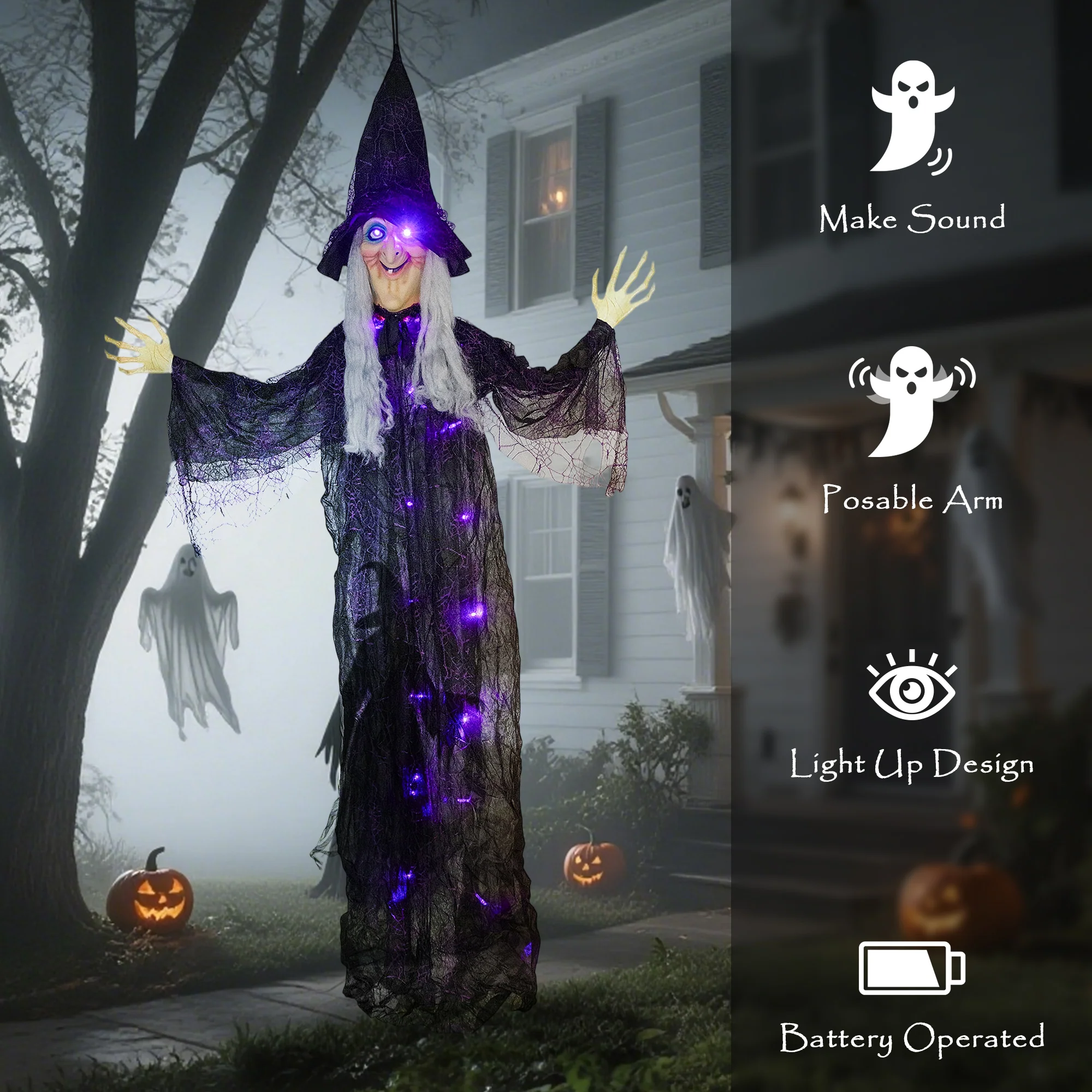 Outsunny Voice Activated Halloween Animatronics Witch, Battery Operated - Image 7