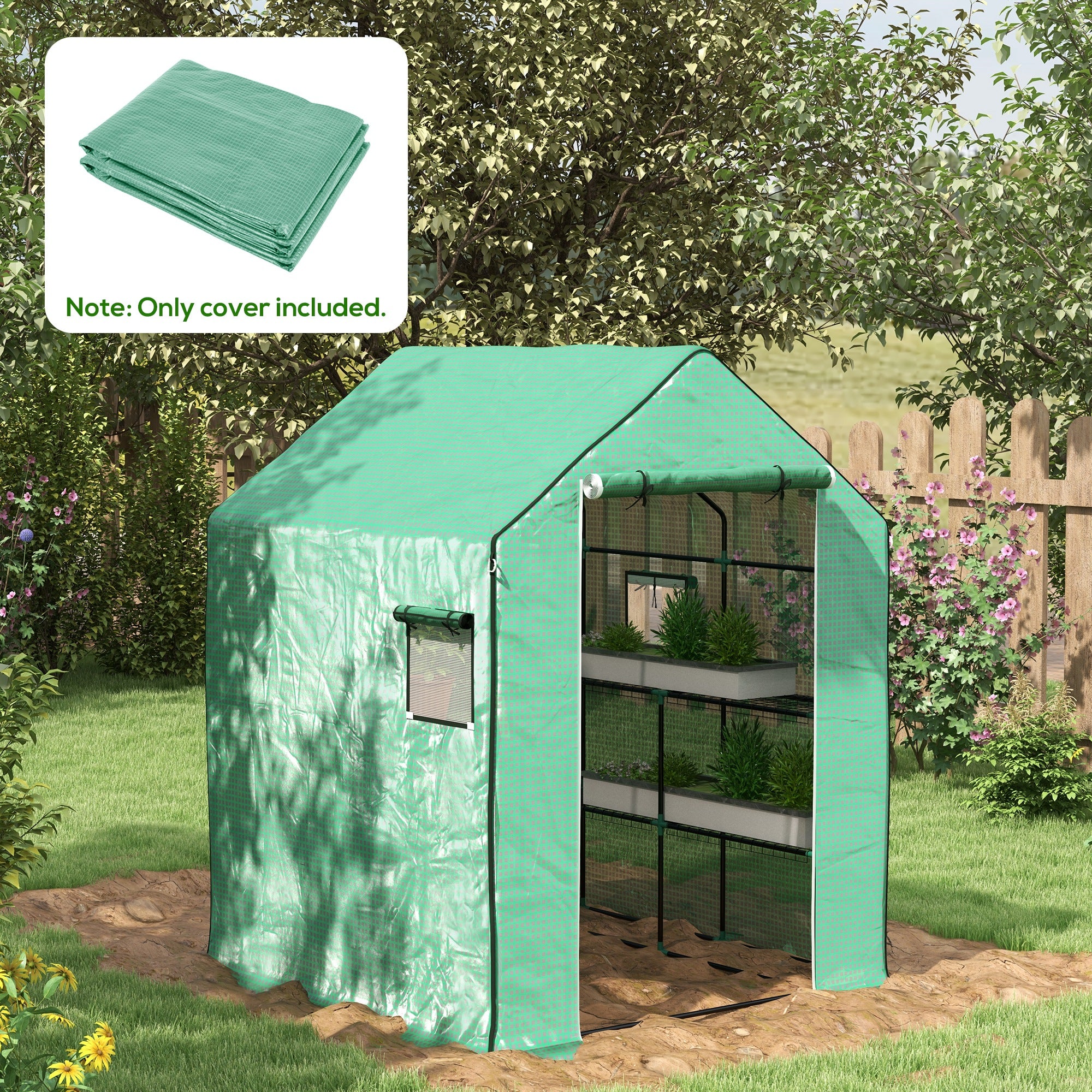 Outsunny Walk-in Greenhouse Cover Replacement with Door and Mesh Windows, Green - Image 2