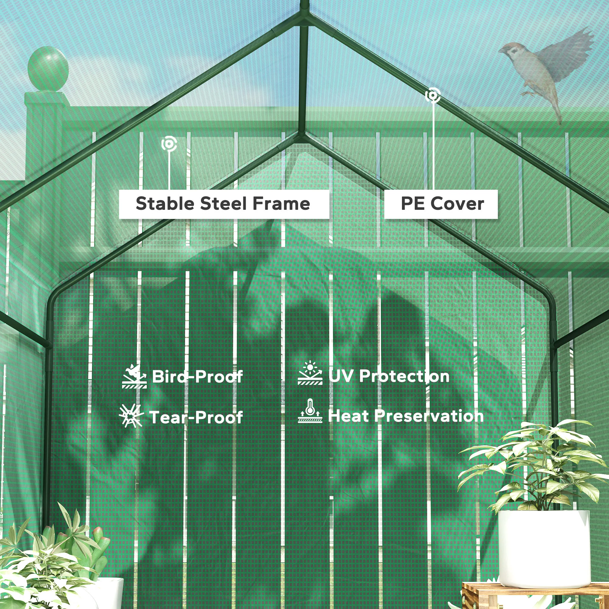 Outsunny Walk in Greenhouse w/Shelves Steeple Grow House 120 x 186 x 190 cm - Image 3