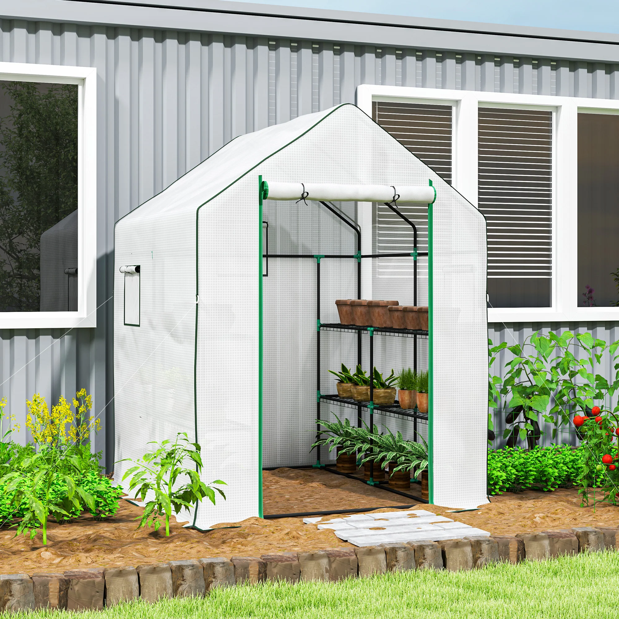 Outsunny Walk-in Greenhouse With, Outdoor Small Greenhouse, White - Image 11