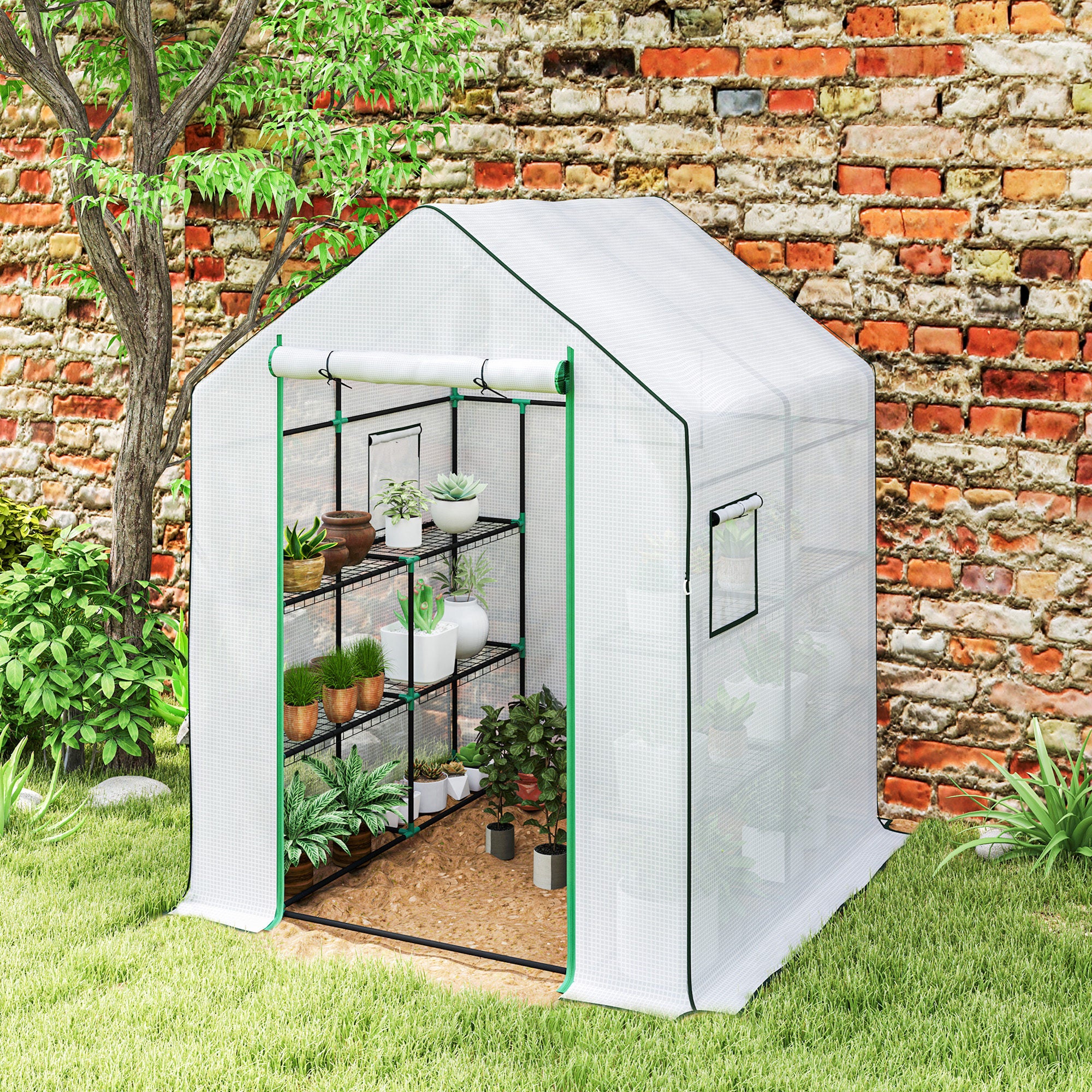 Outsunny Walk-in Greenhouse With, Outdoor Small Greenhouse, White - Image 17