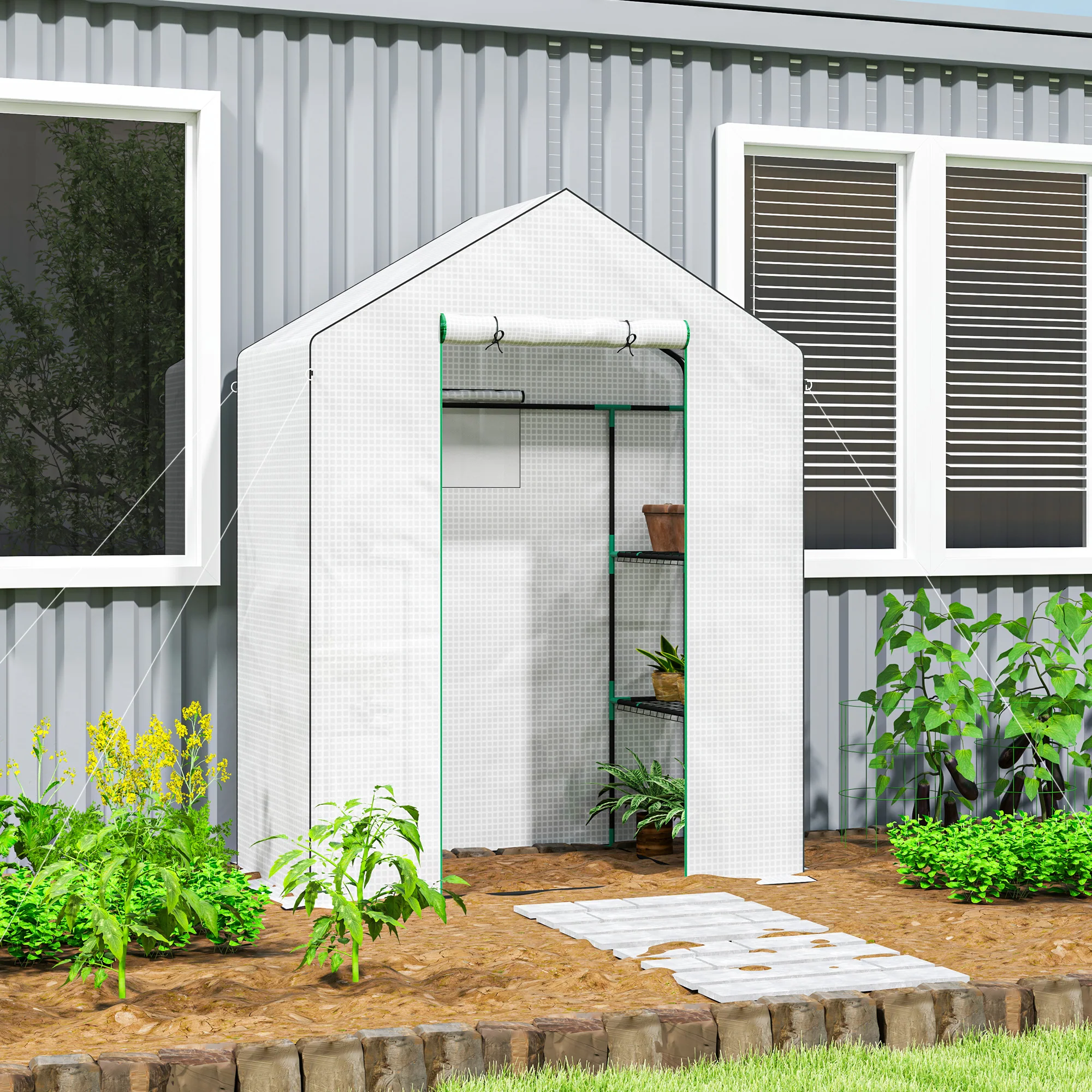 Outsunny Walk-in Greenhouse With, Outdoor Small Greenhouse, White - Image 2