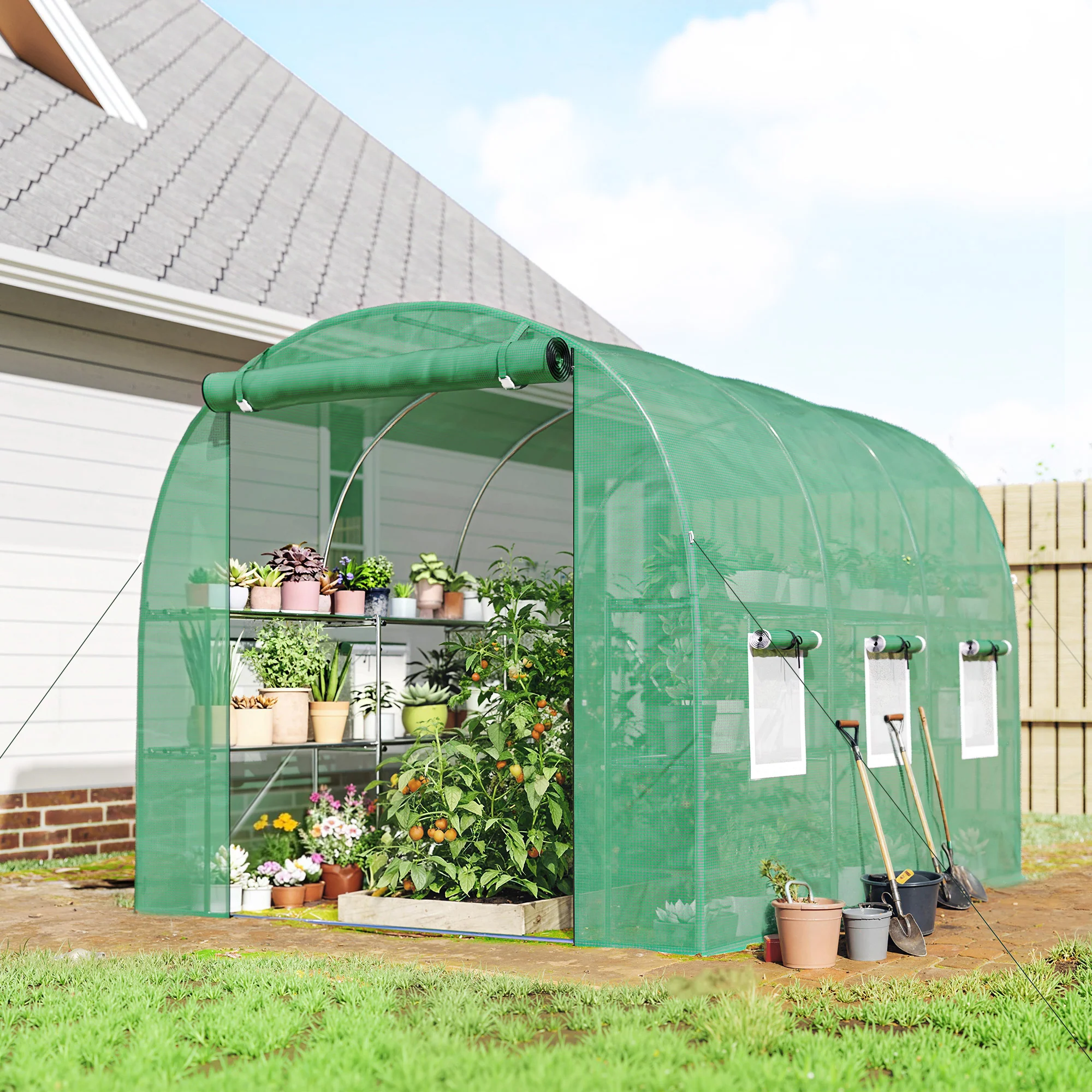 Outsunny Walk-in Greenhouse with Shelves, Green House with Mesh Windows - Image 2