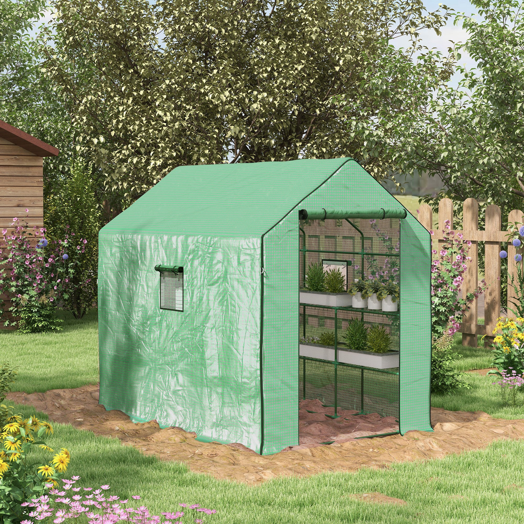 Outsunny Walk-in Outdoor Green House with Door and Mesh Windows, Green - Image 2