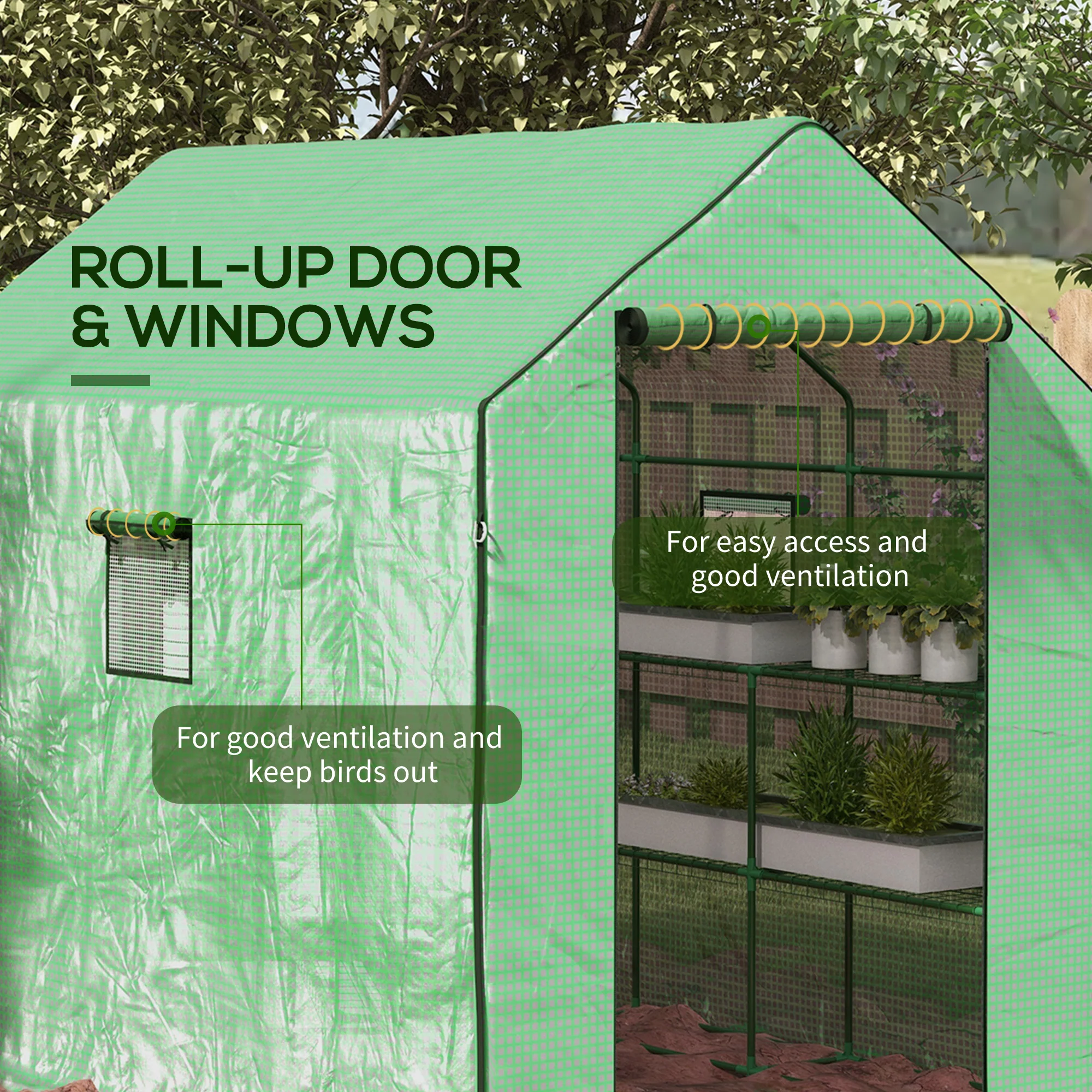 Outsunny Walk-in Outdoor Green House with Door and Mesh Windows, Green - Image 6