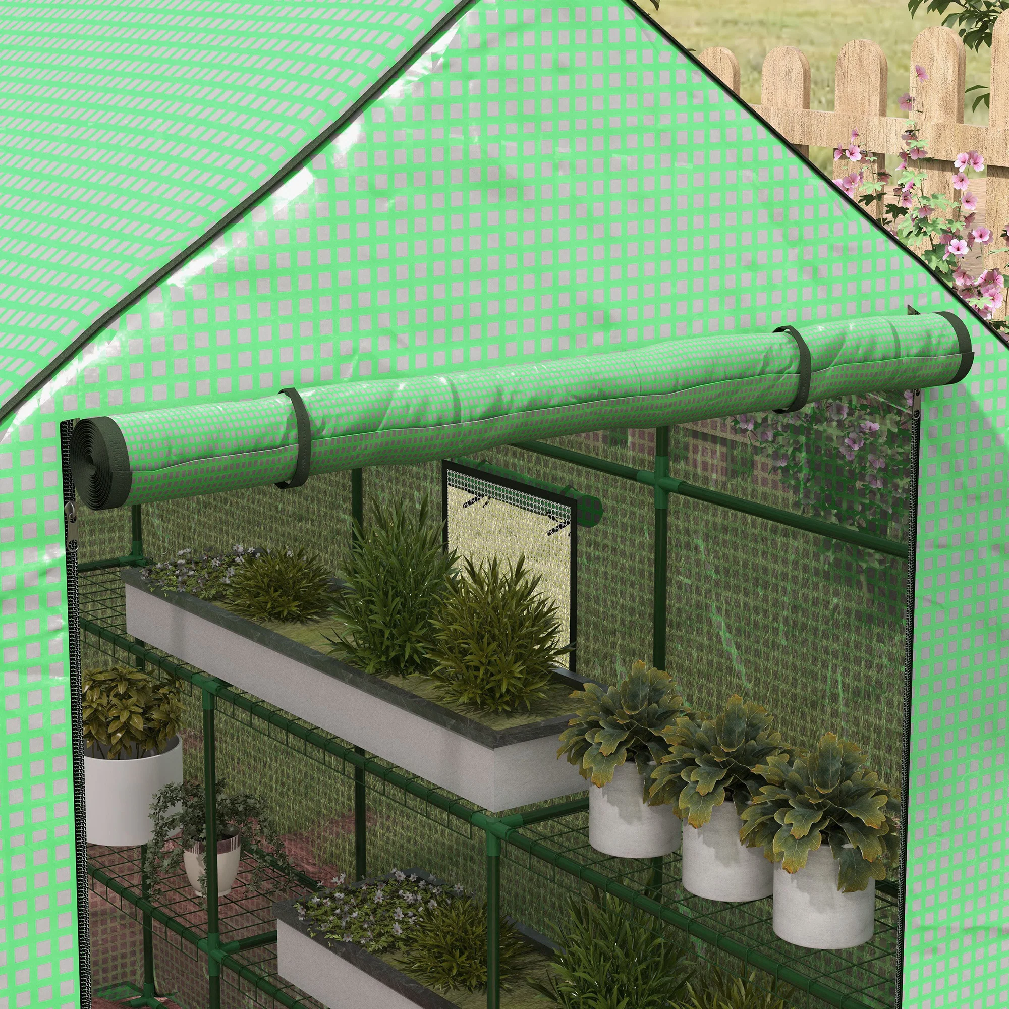 Outsunny Walk-in Outdoor Green House with Door and Mesh Windows, Green - Image 8
