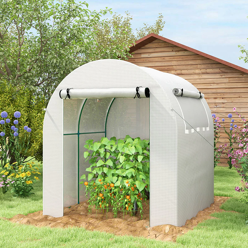 Outsunny Walk in Polytunnel Greenhouse with Roll-up Window and Door, White - Image 2
