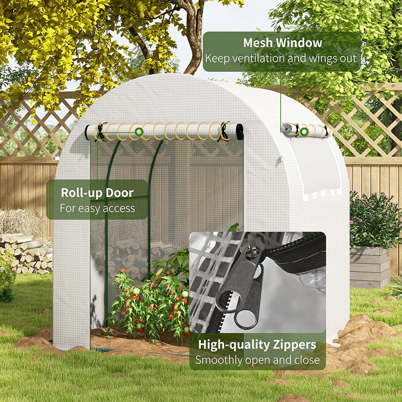 Outsunny Walk in Polytunnel Greenhouse with Roll-up Window and Door, White - Image 6