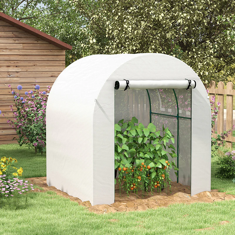 Outsunny Walk in Polytunnel Greenhouse with Roll-up Window and Door, White - Image 8