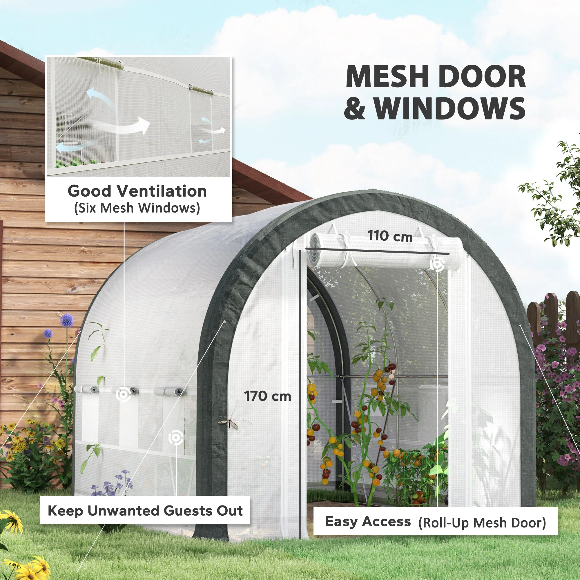 Outsunny Walk-in Tunnel Greenhouse, Upgraded Structure, Mesh Door & Windows - Image 12