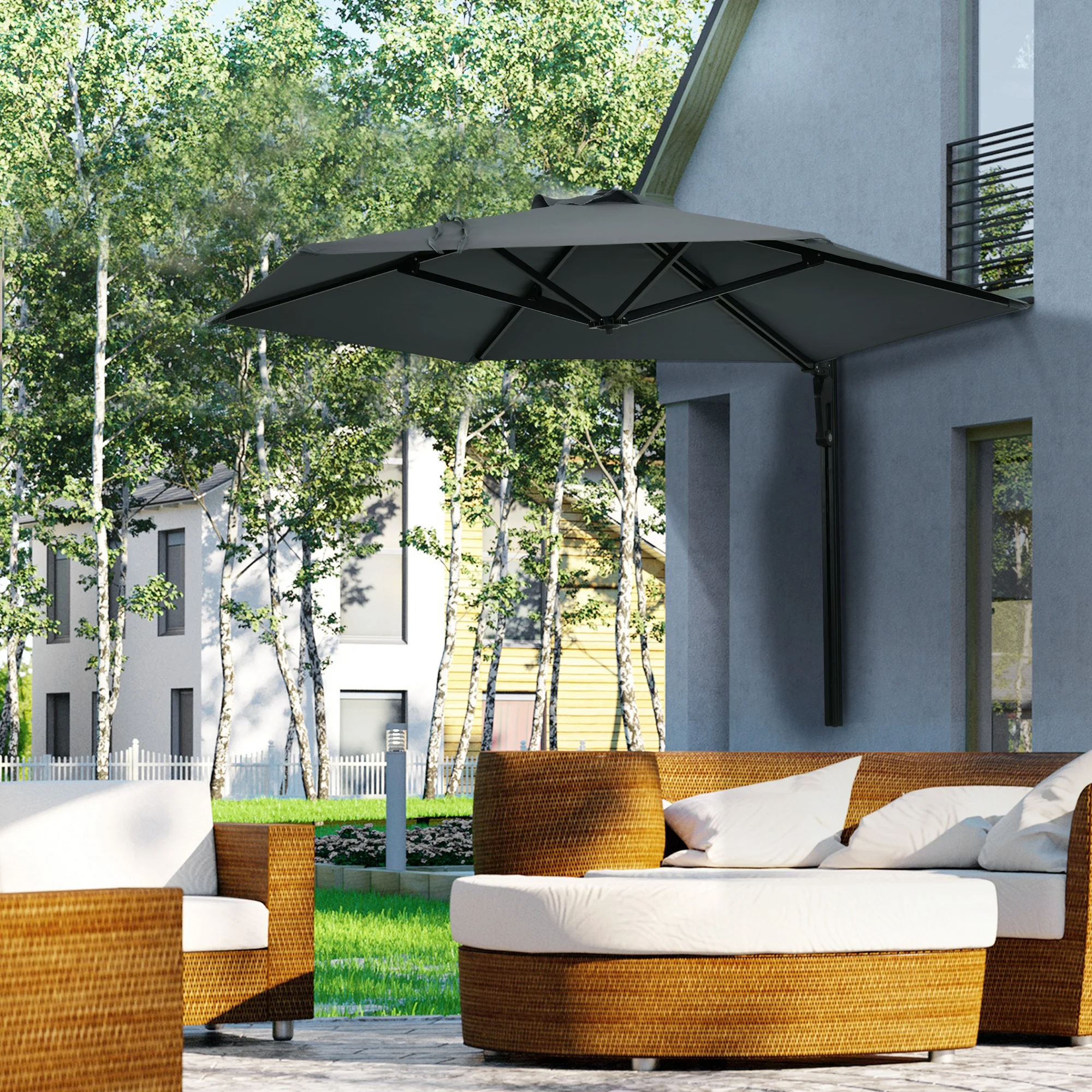 Outsunny Wall-Mounted Parasol Patio Umbrella With Hand To Push System - Khaki/Grey - Image 11
