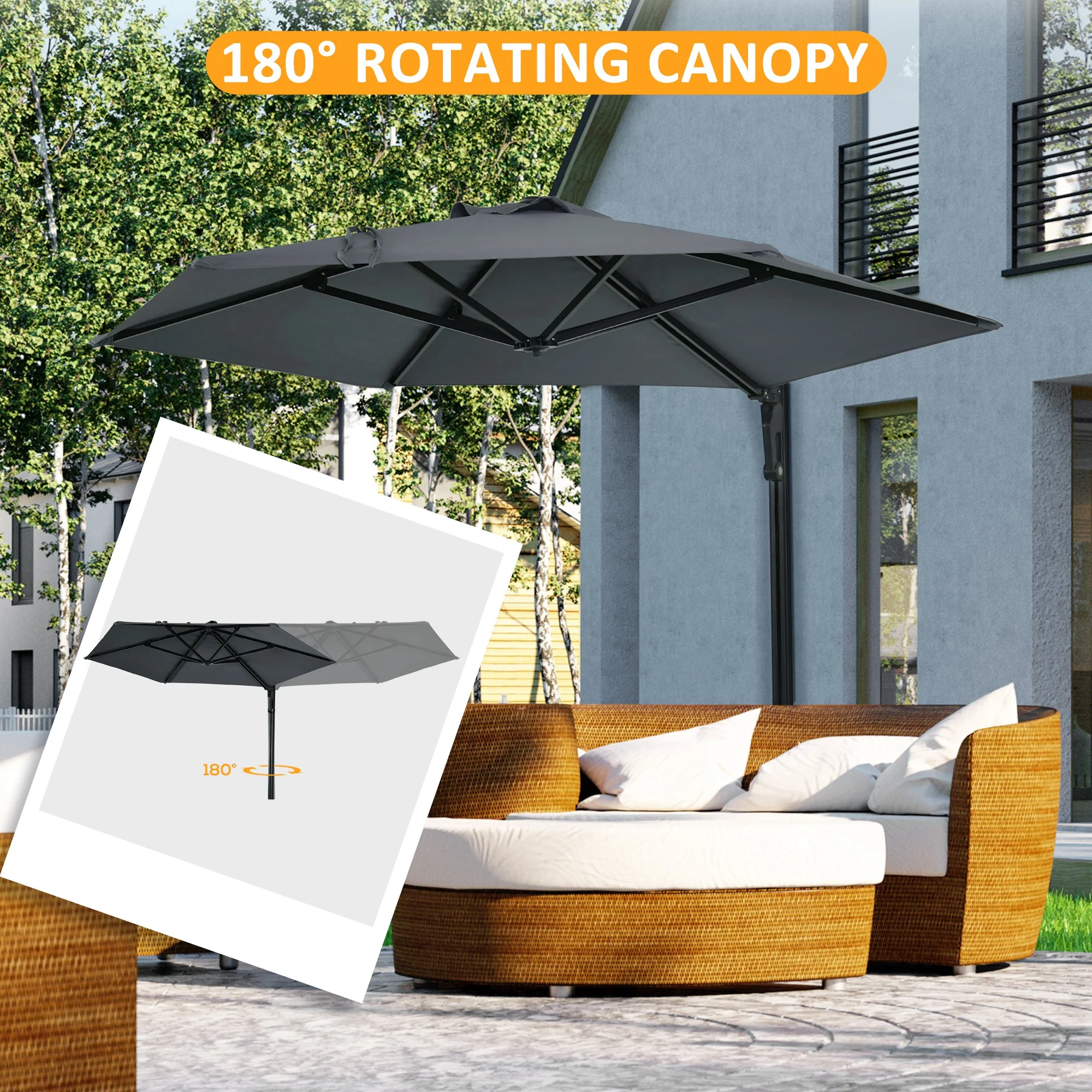 Outsunny Wall-Mounted Parasol Patio Umbrella With Hand To Push System - Khaki/Grey - Image 12