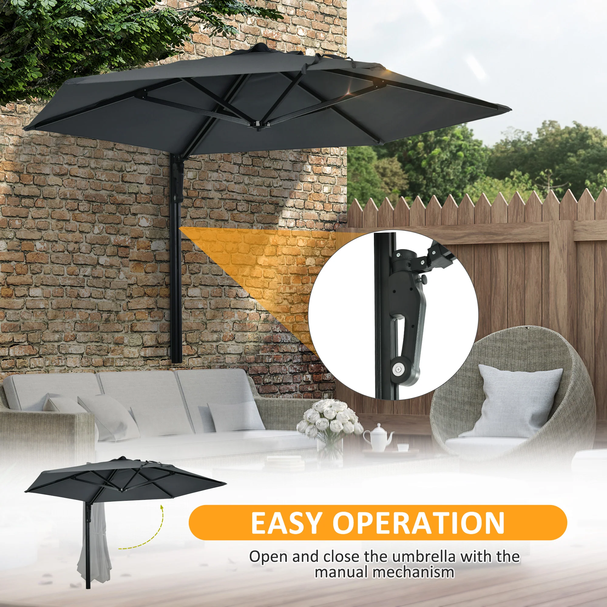 Outsunny Wall-Mounted Parasol Patio Umbrella With Hand To Push System - Khaki/Grey - Image 13