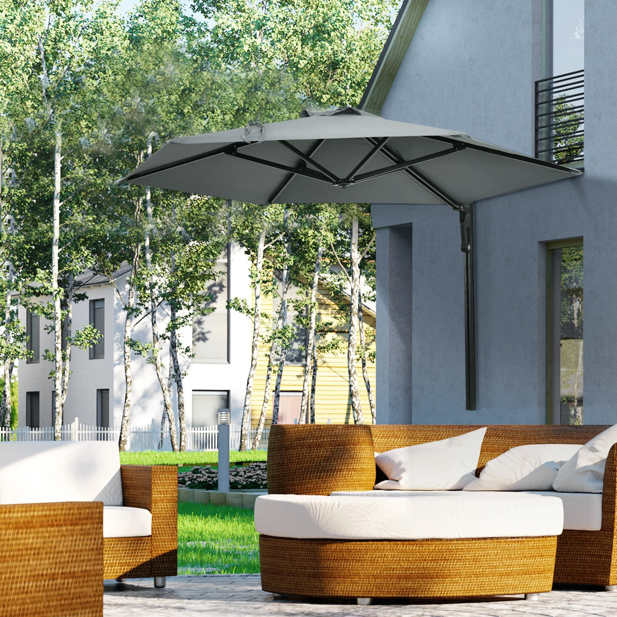 Outsunny Wall-Mounted Parasol Patio Umbrella With Hand To Push System - Khaki/Grey - Image 19