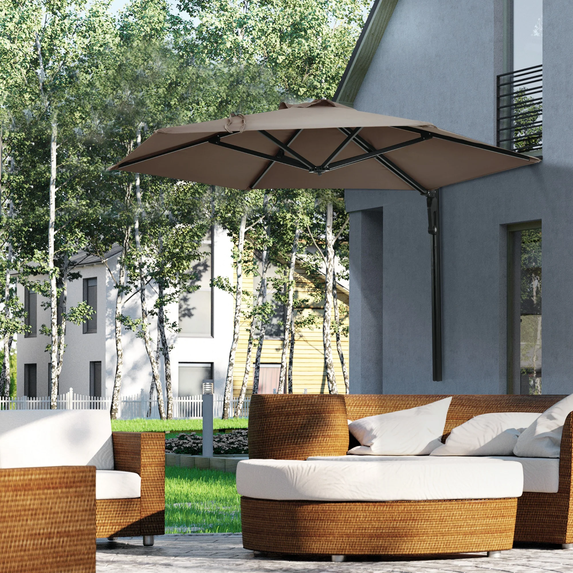 Outsunny Wall-Mounted Parasol Patio Umbrella With Hand To Push System - Khaki/Grey - Image 2