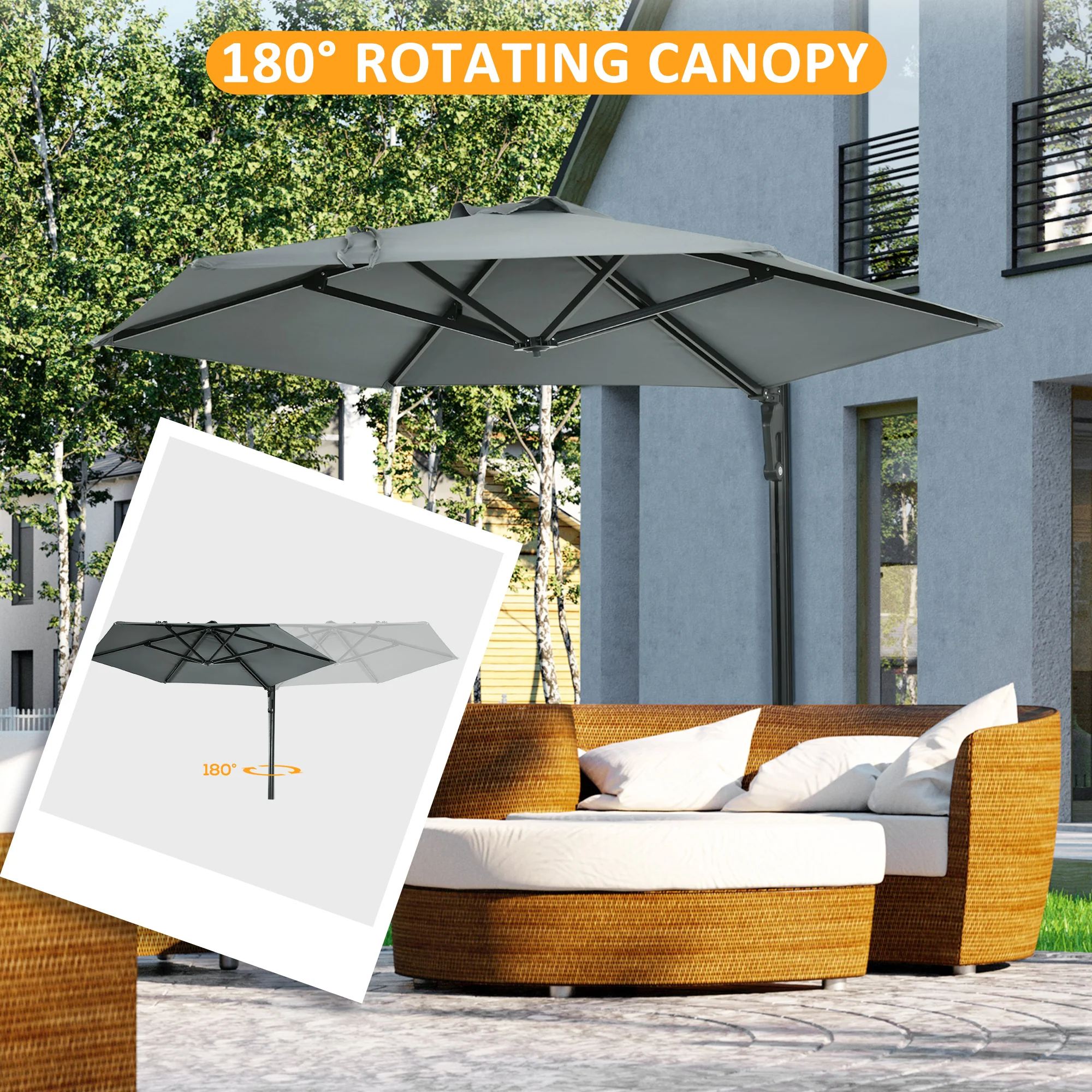 Outsunny Wall-Mounted Parasol Patio Umbrella With Hand To Push System - Khaki/Grey - Image 20