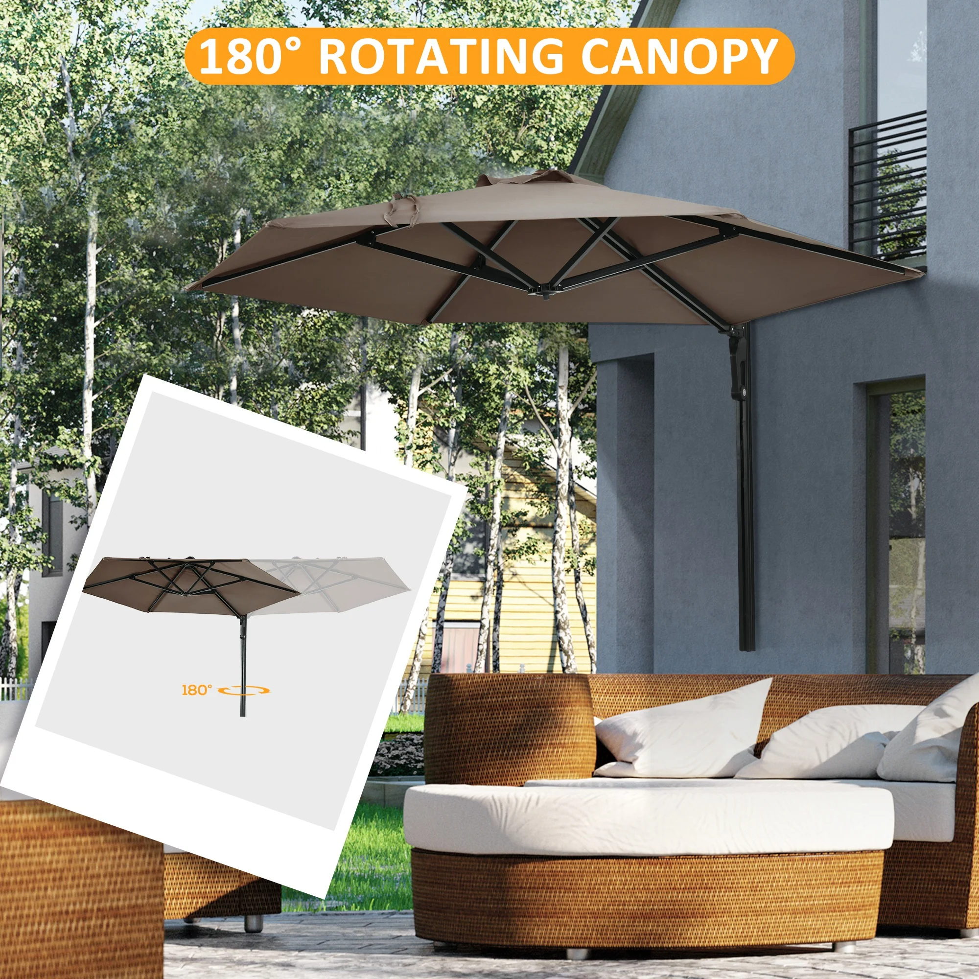 Outsunny Wall-Mounted Parasol Patio Umbrella With Hand To Push System - Khaki/Grey - Image 3