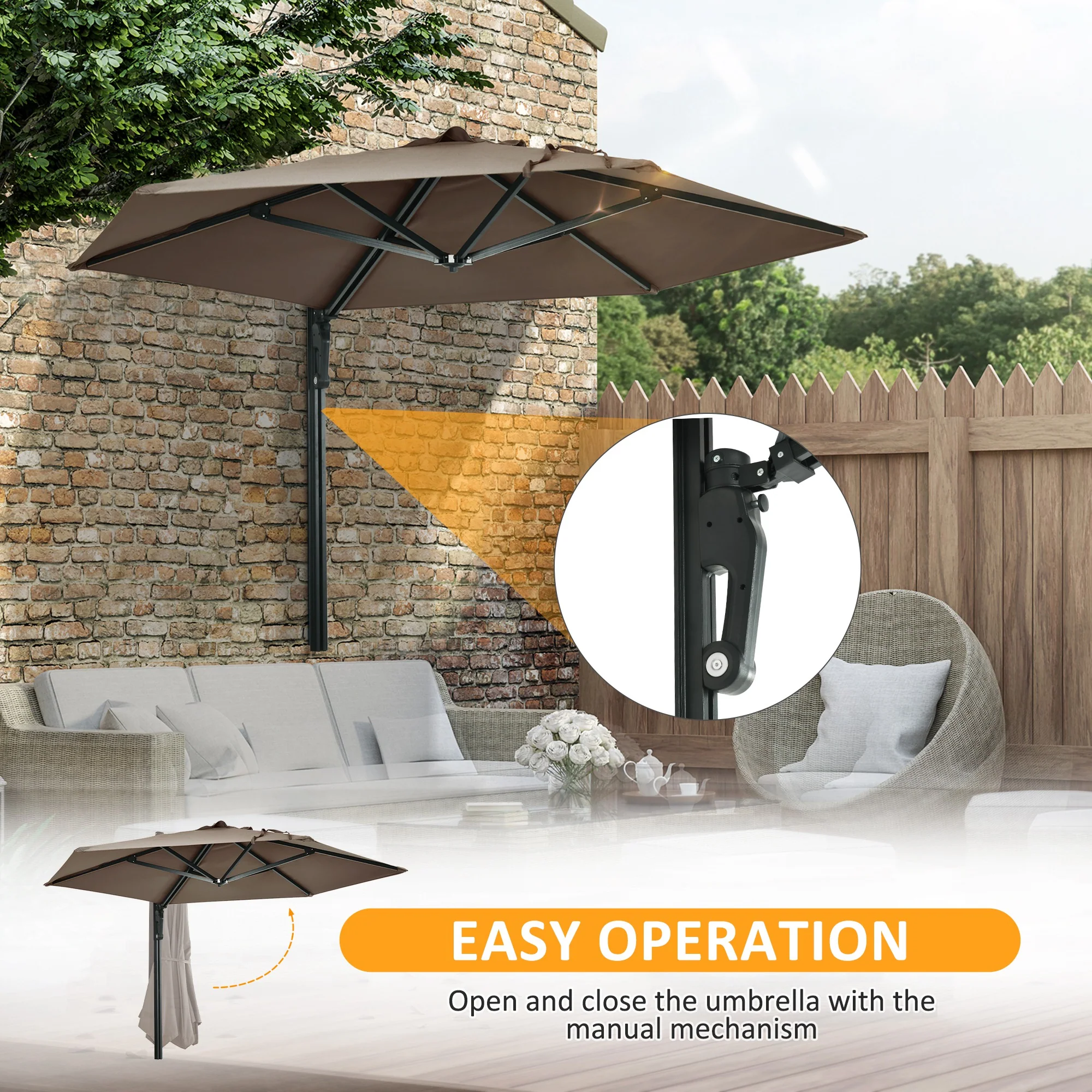 Outsunny Wall-Mounted Parasol Patio Umbrella With Hand To Push System - Khaki/Grey - Image 4