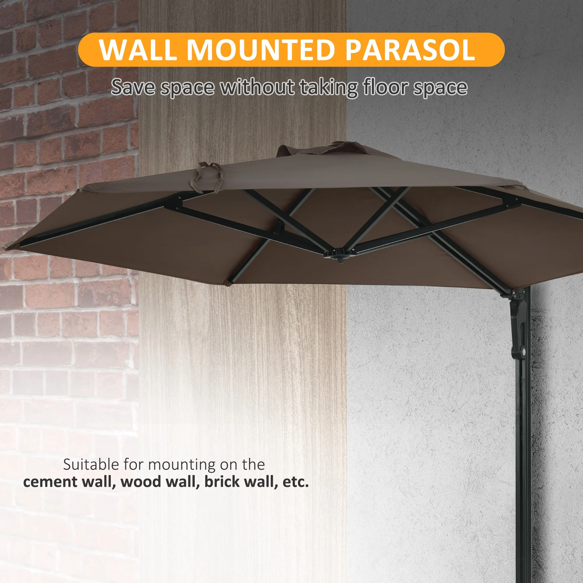 Outsunny Wall-Mounted Parasol Patio Umbrella With Hand To Push System - Khaki/Grey - Image 8