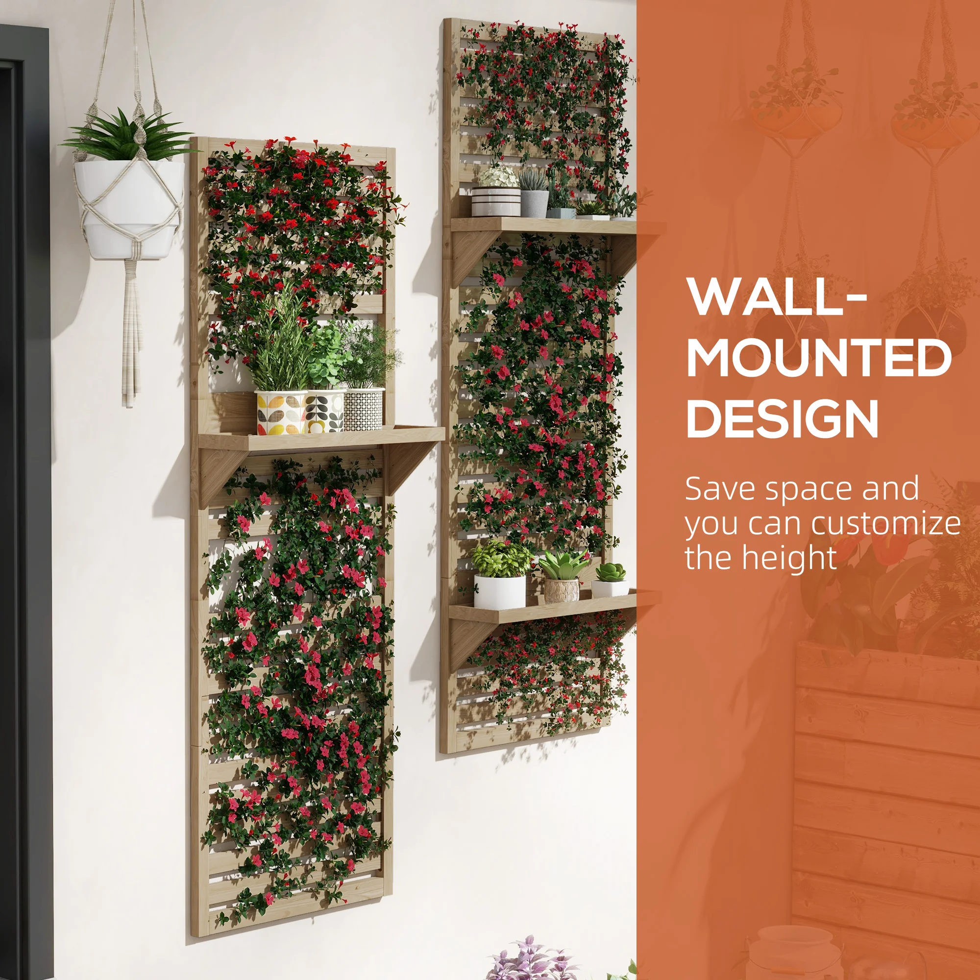 Outsunny Wall Mounted Plant Stands Set of 2 with Shelves and Slatted Trellis - Image 6