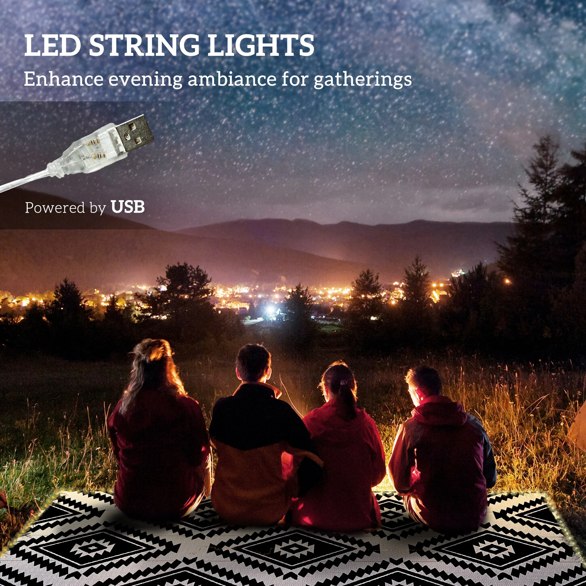 Outsunny Waterproof Outdoor Rug W/ LED String Light, 182 x 274cm, Black & White - Image 3