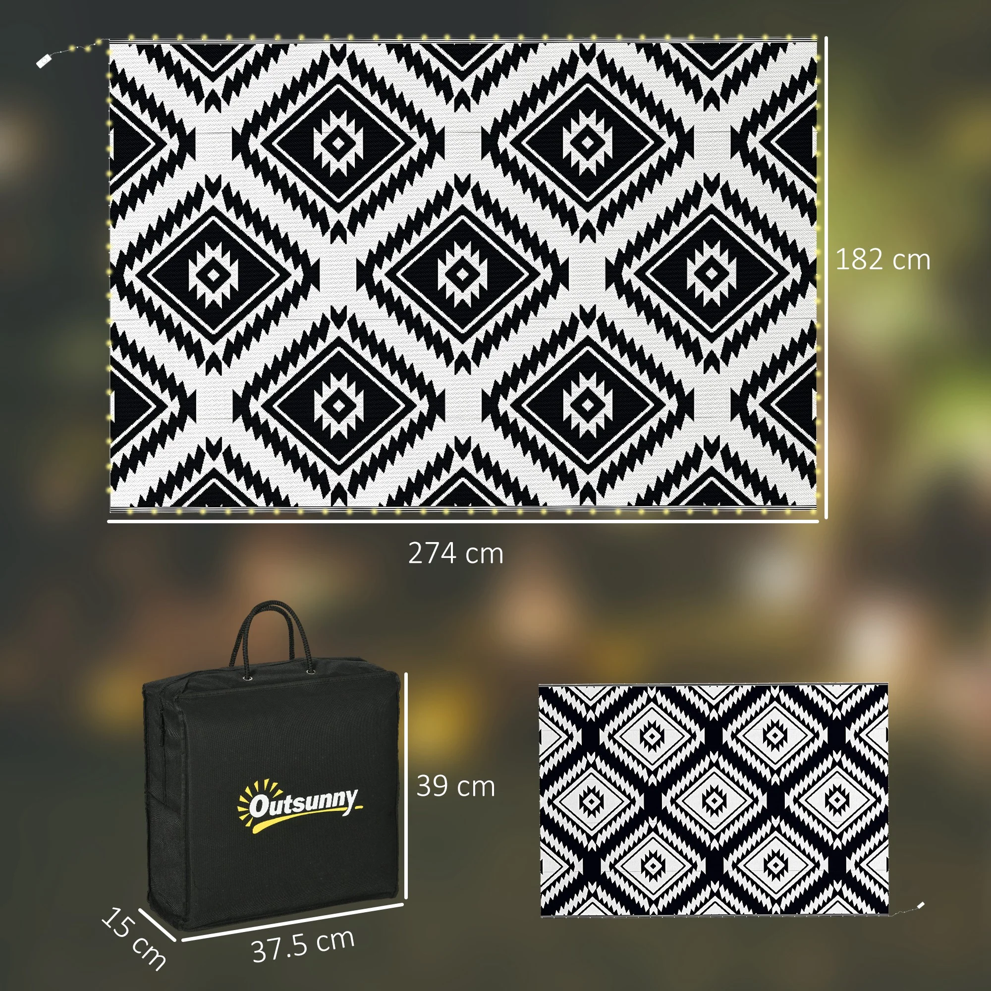 Outsunny Waterproof Outdoor Rug W/ LED String Light, 182 x 274cm, Black & White - Image 5
