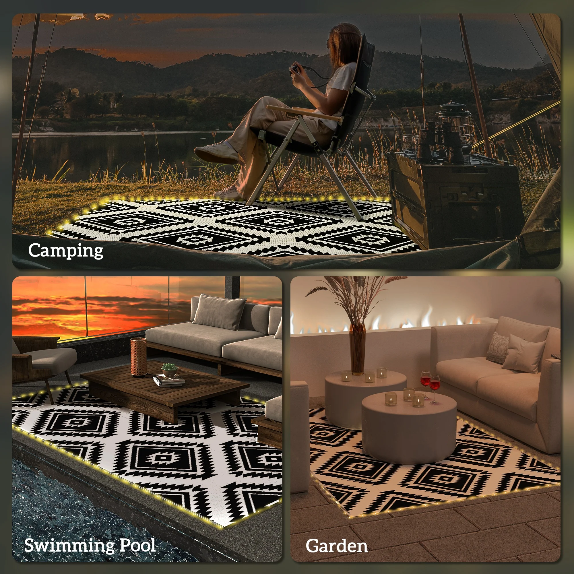 Outsunny Waterproof Outdoor Rug W/ LED String Light, 182 x 274cm, Black & White - Image 6