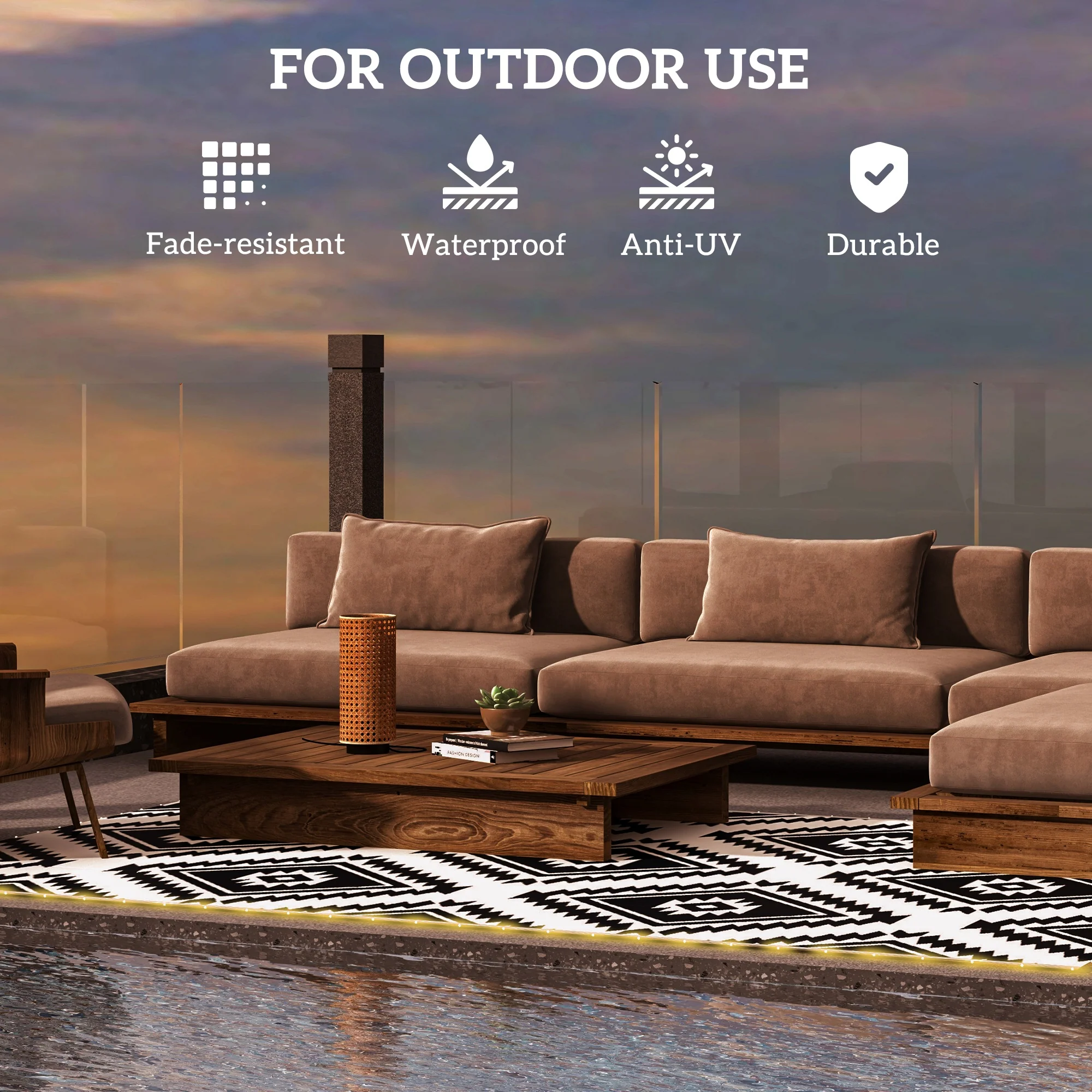 Outsunny Waterproof Outdoor Rug W/ LED String Light, 182 x 274cm, Black & White - Image 7