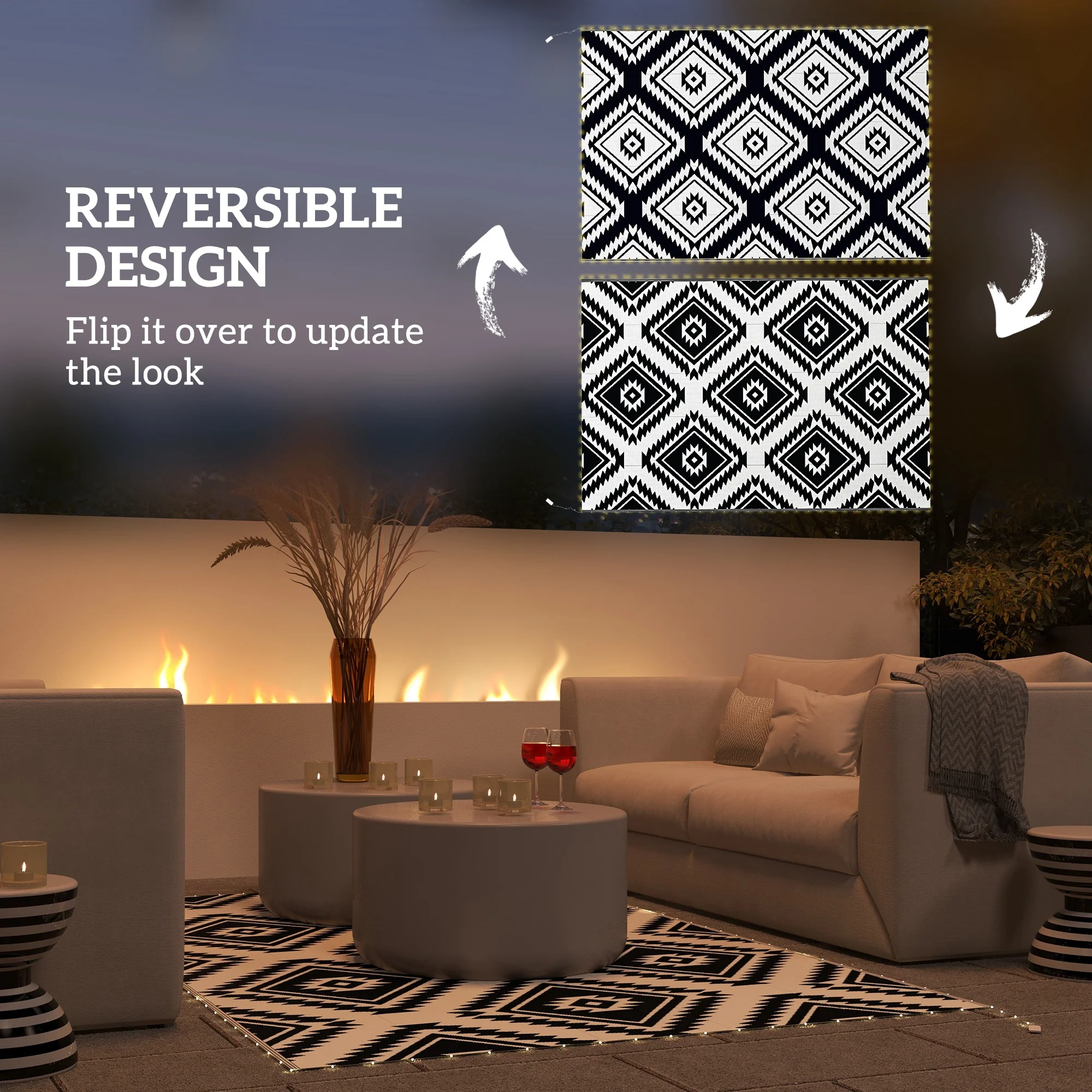 Outsunny Waterproof Outdoor Rug W/ LED String Light, 182 x 274cm, Black & White - Image 8