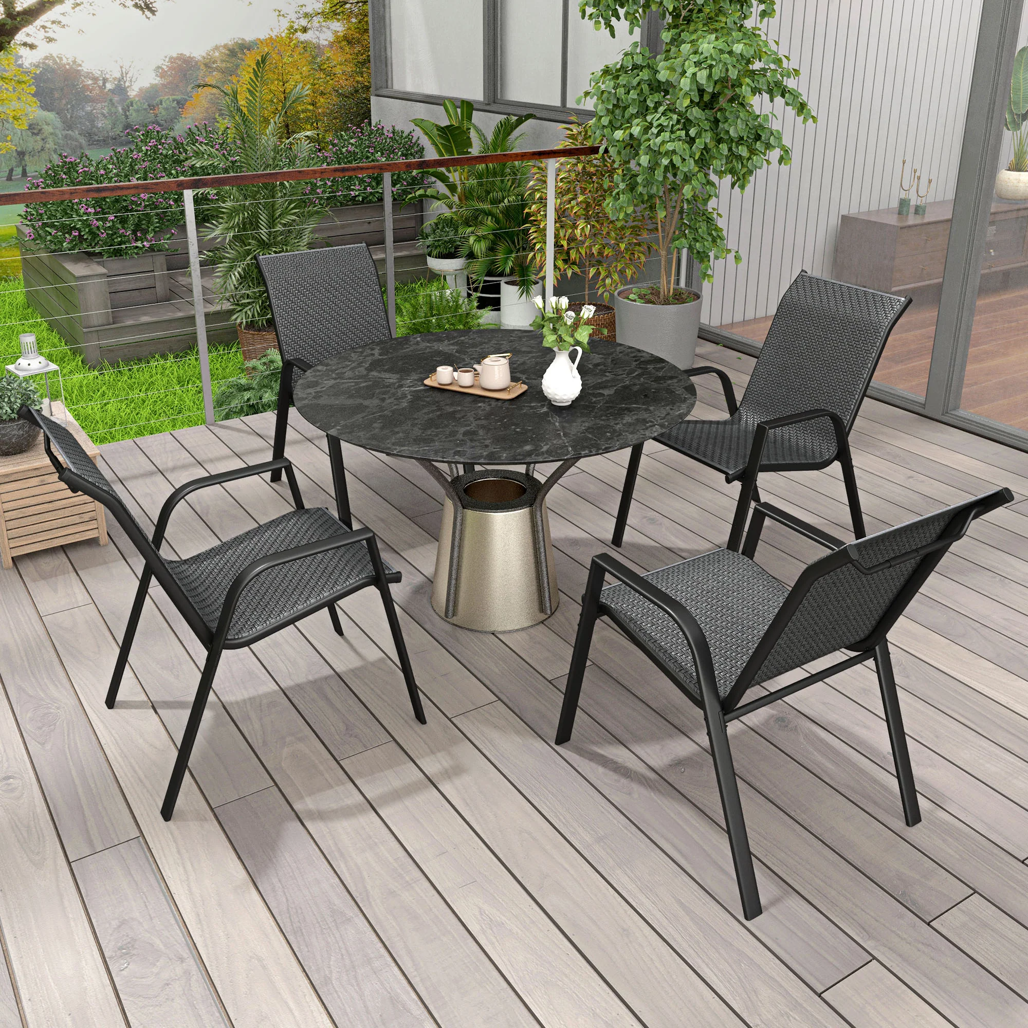 Outsunny Wicker Dining Chairs Set of 4, Stackable Outdoor Chairs - Image 11
