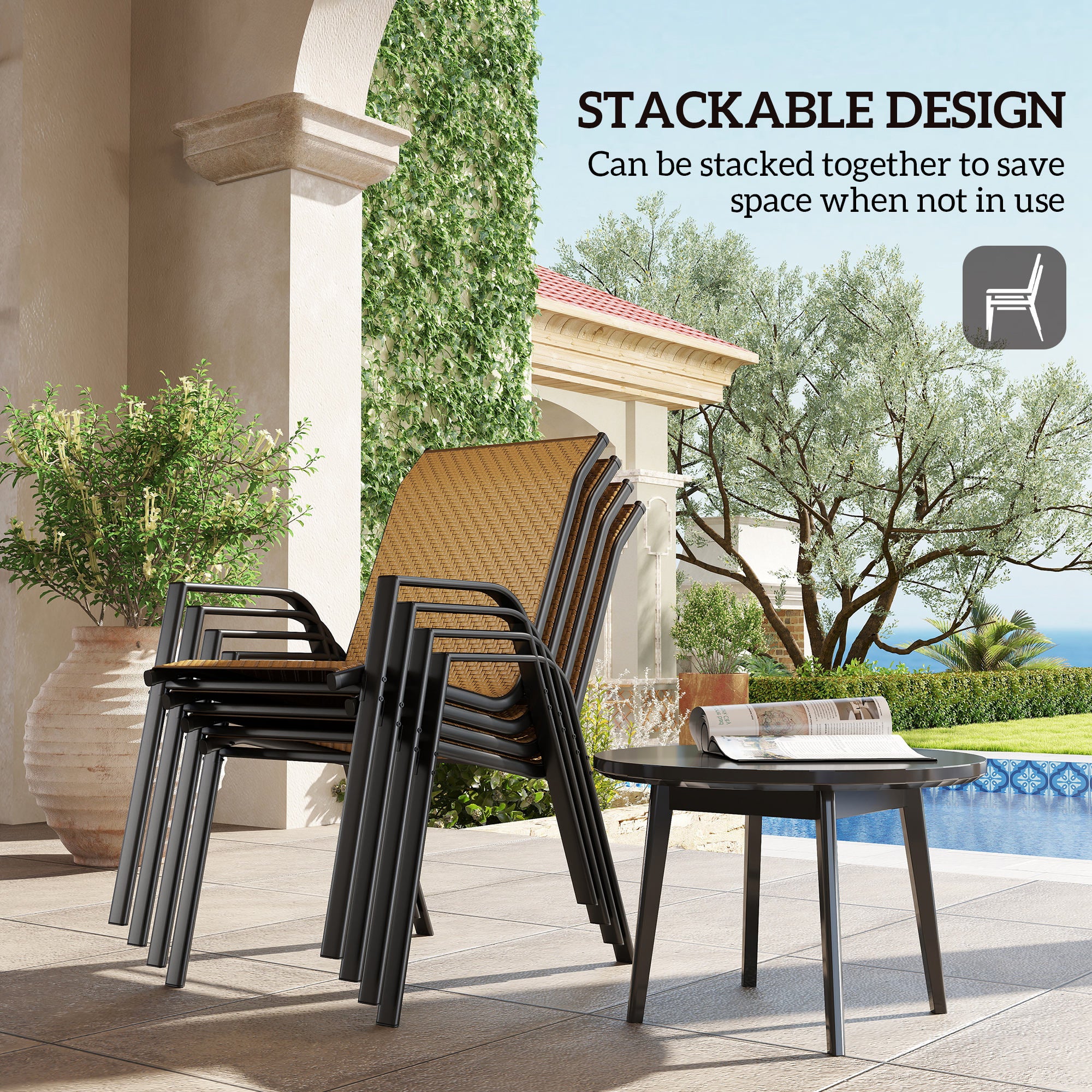 Outsunny Wicker Dining Chairs Set of 4, Stackable Outdoor Chairs - Image 22