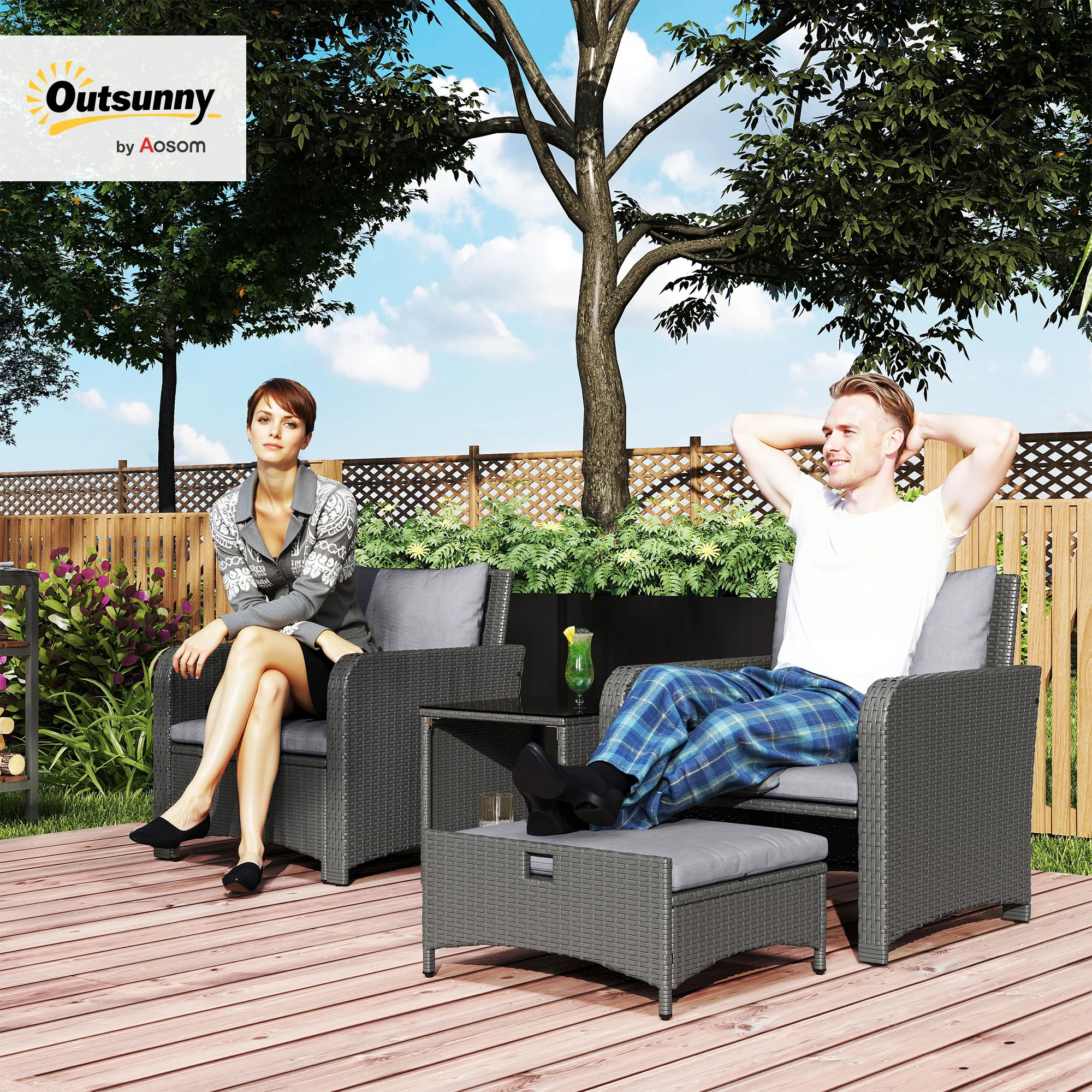 Outsunny Wicker Patio Conversation Set With 2 Armchairs And 6 Cushions - Image 11