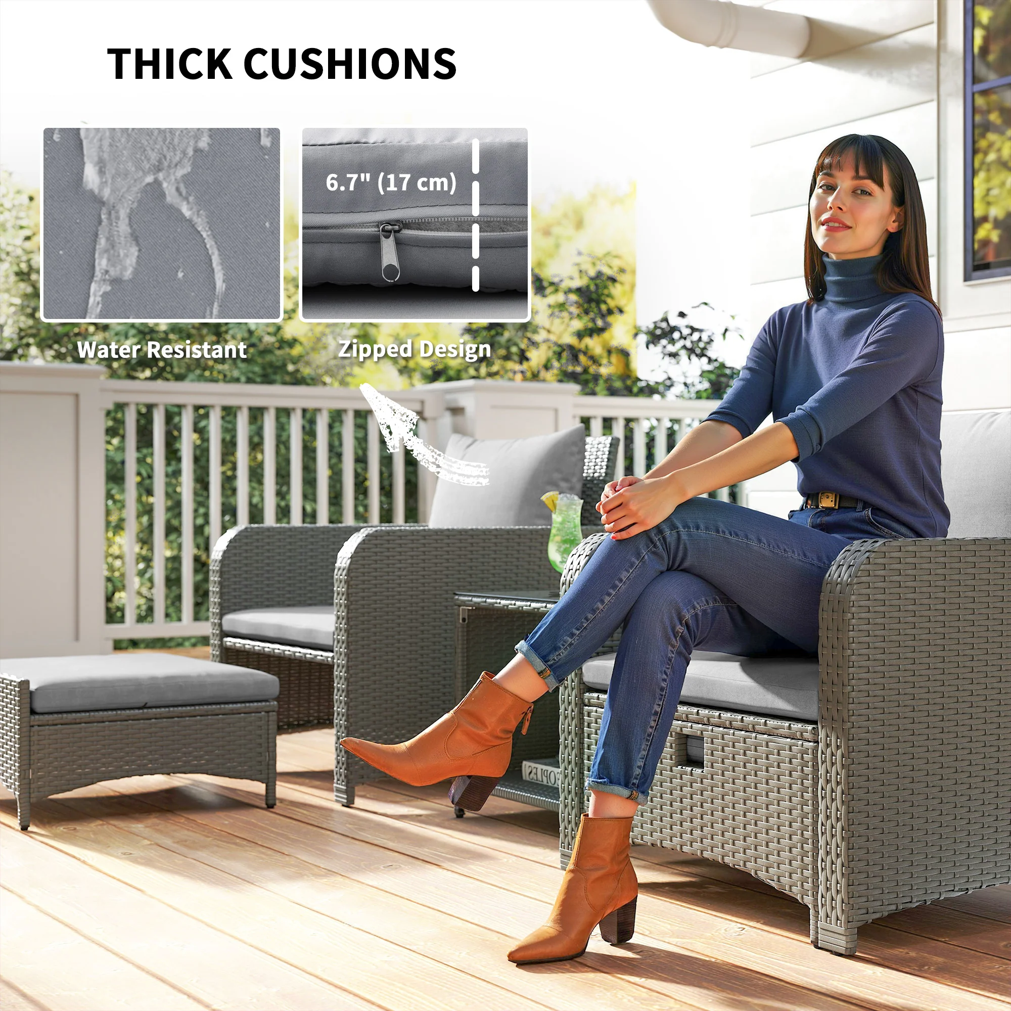 Outsunny Wicker Patio Conversation Set With 2 Armchairs And 6 Cushions - Image 16