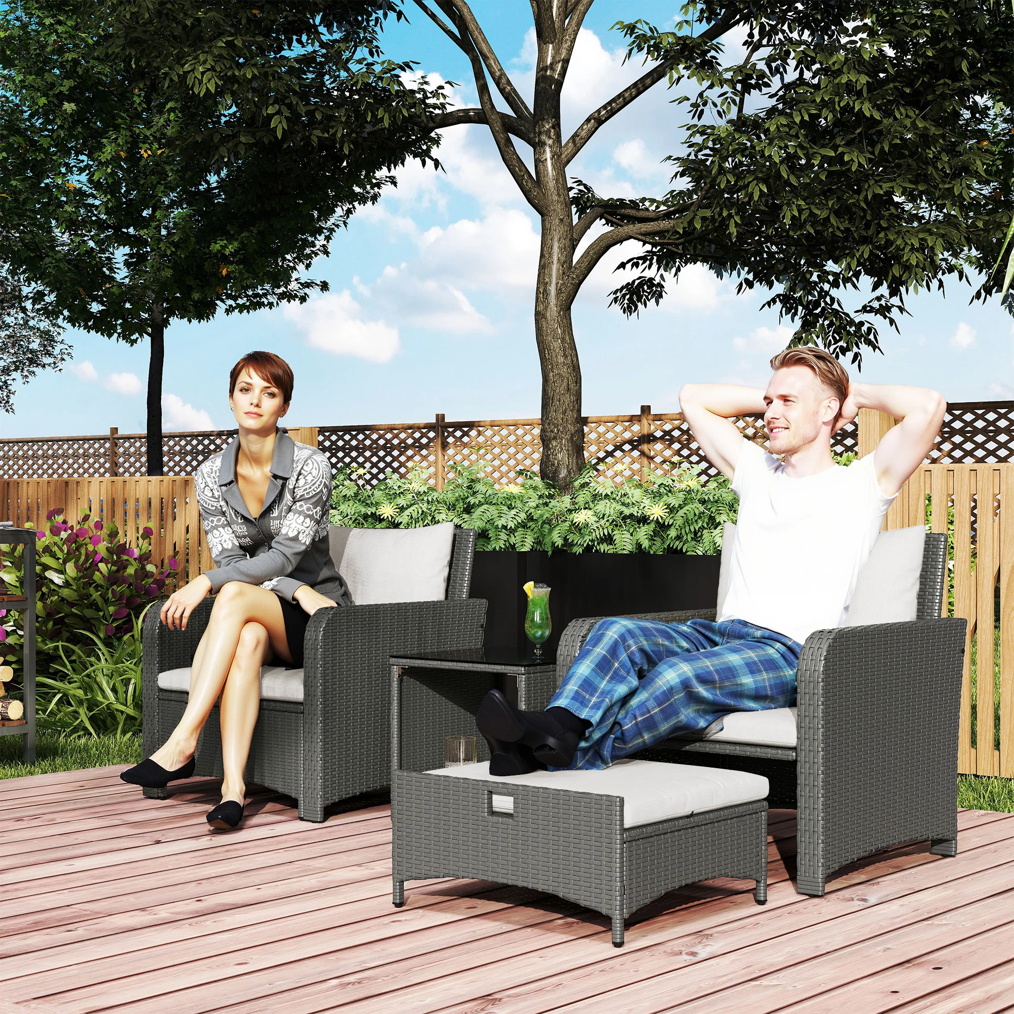 Outsunny Wicker Patio Conversation Set With 2 Armchairs And 6 Cushions - Image 2