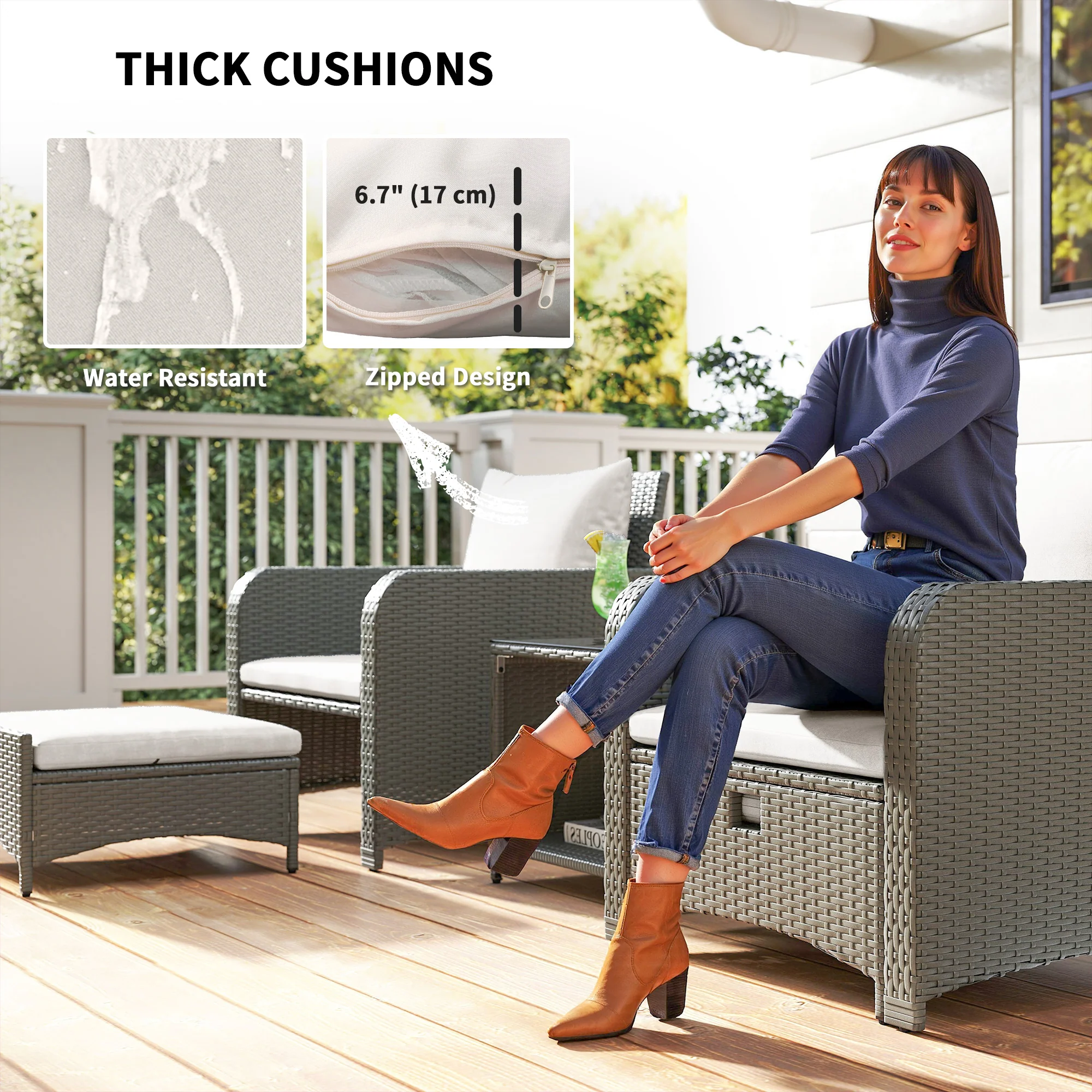 Outsunny Wicker Patio Conversation Set With 2 Armchairs And 6 Cushions - Image 7