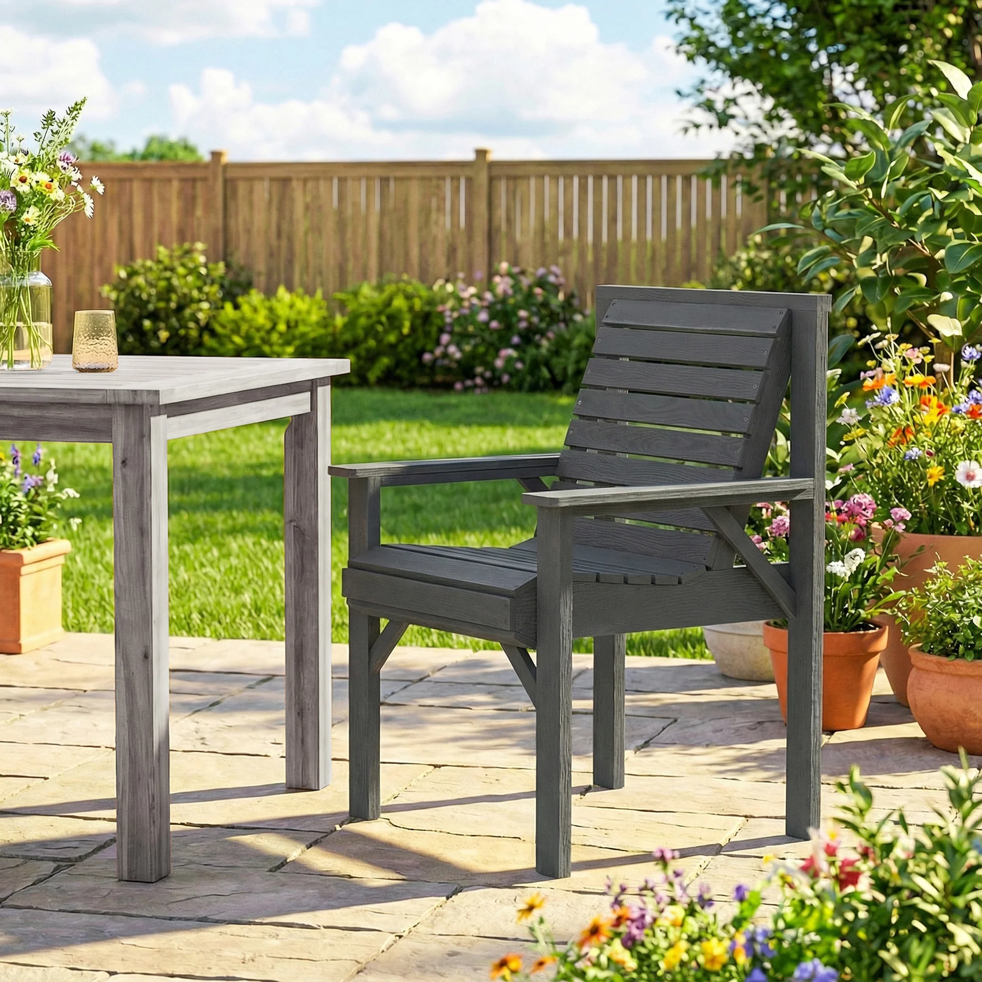 Outsunny Wood Garden Chair Outdoor Dining Chair with Curved Seat, Grey - Image 2