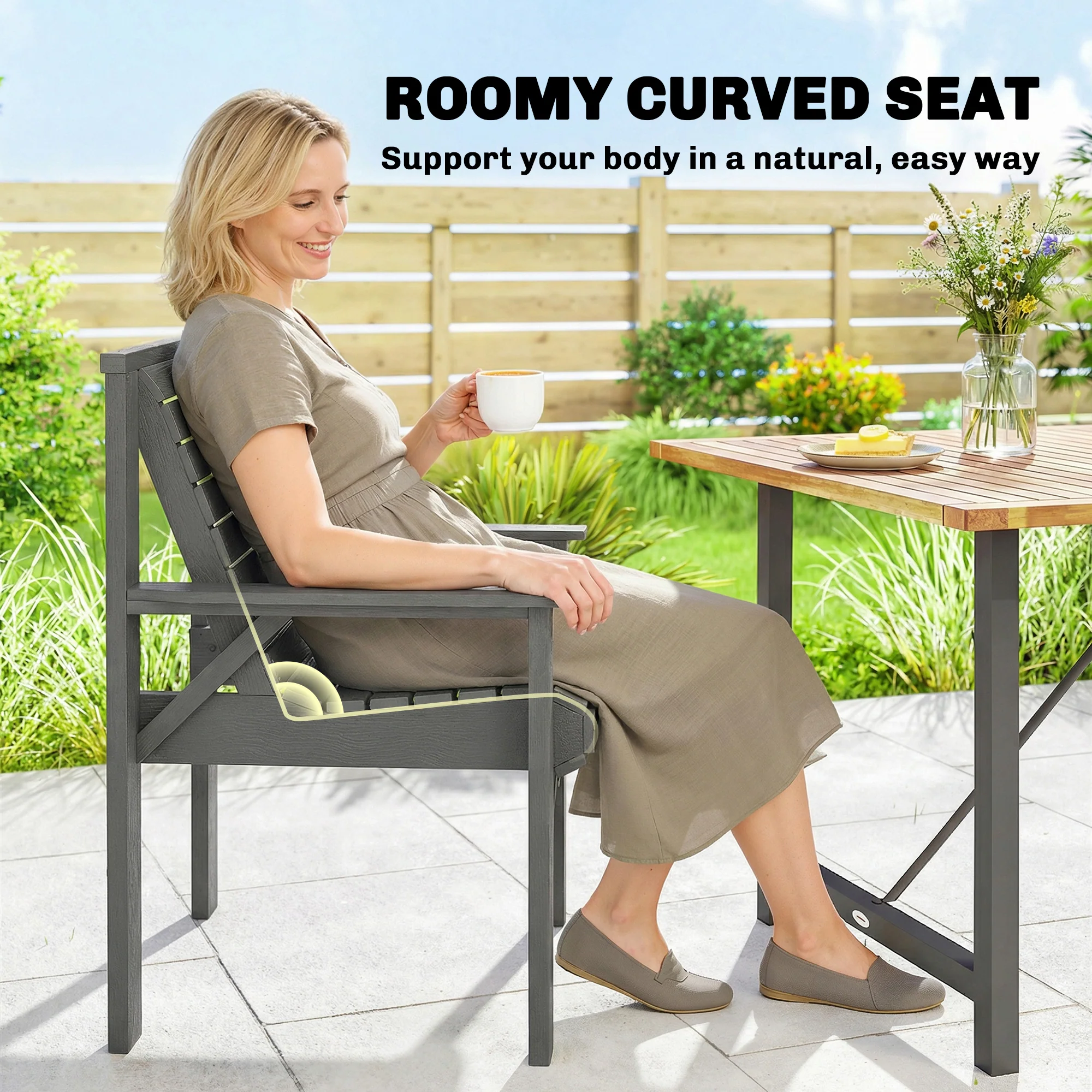 Outsunny Wood Garden Chair Outdoor Dining Chair with Curved Seat, Grey - Image 4