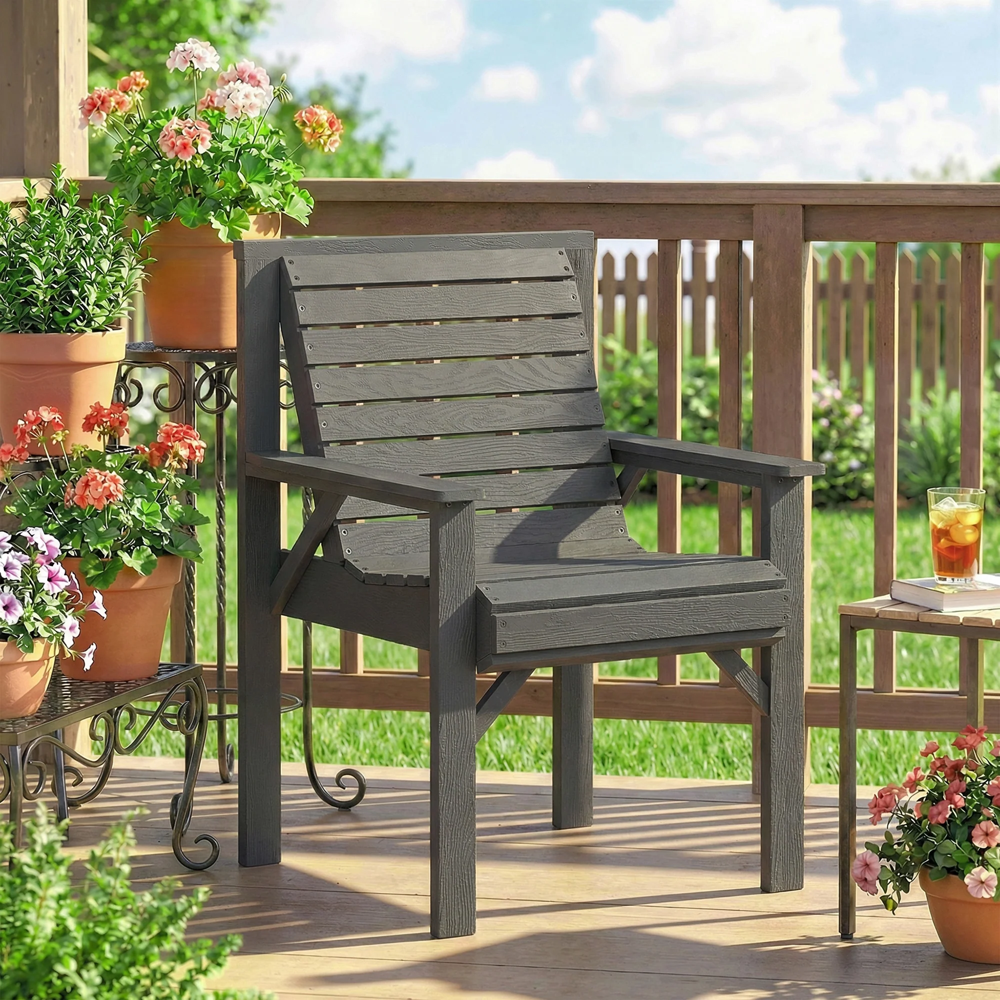 Outsunny Wood Garden Chair Outdoor Dining Chair with Curved Seat, Grey - Image 8