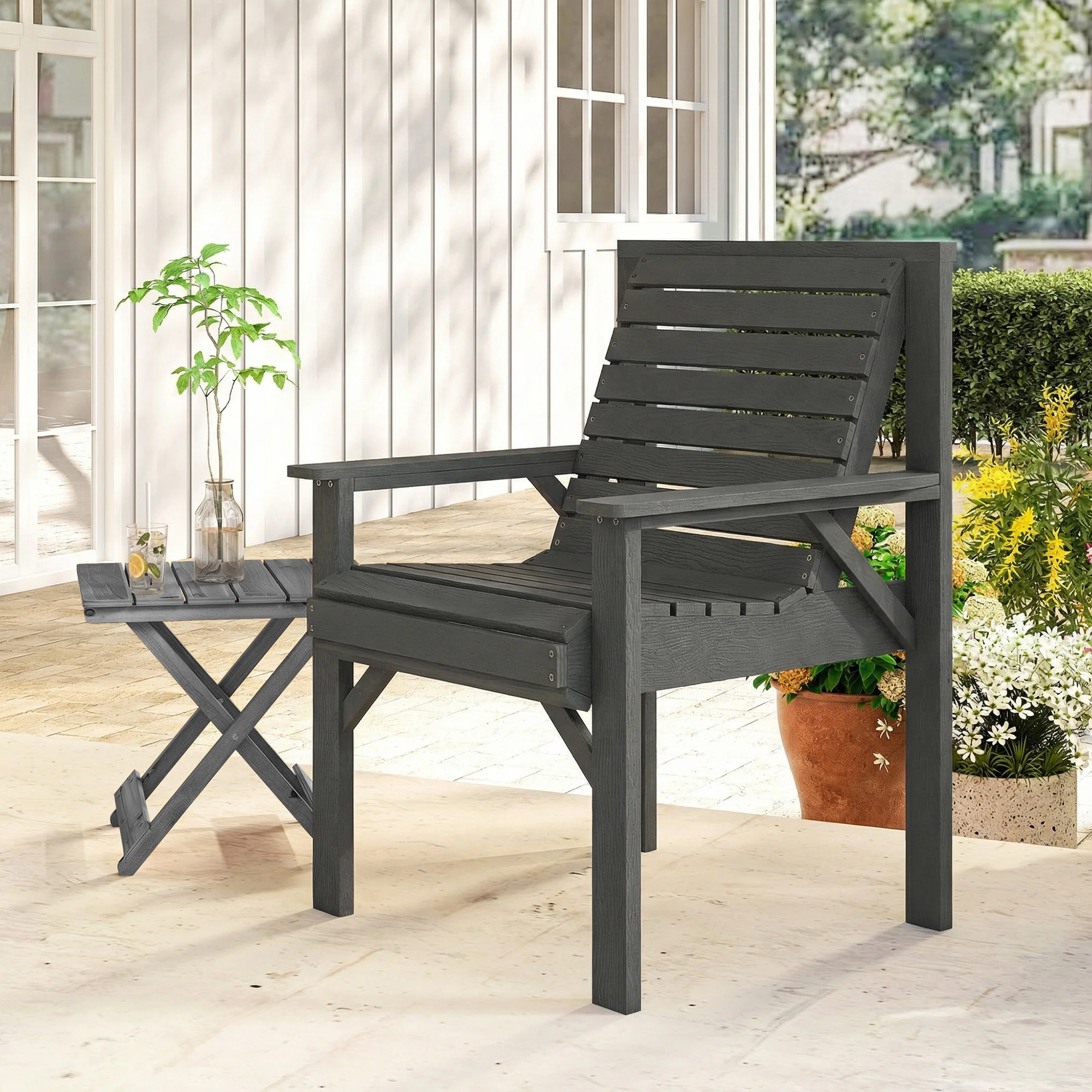Outsunny Wood Garden Chair Outdoor Dining Chair with Curved Seat, Grey - Image 9