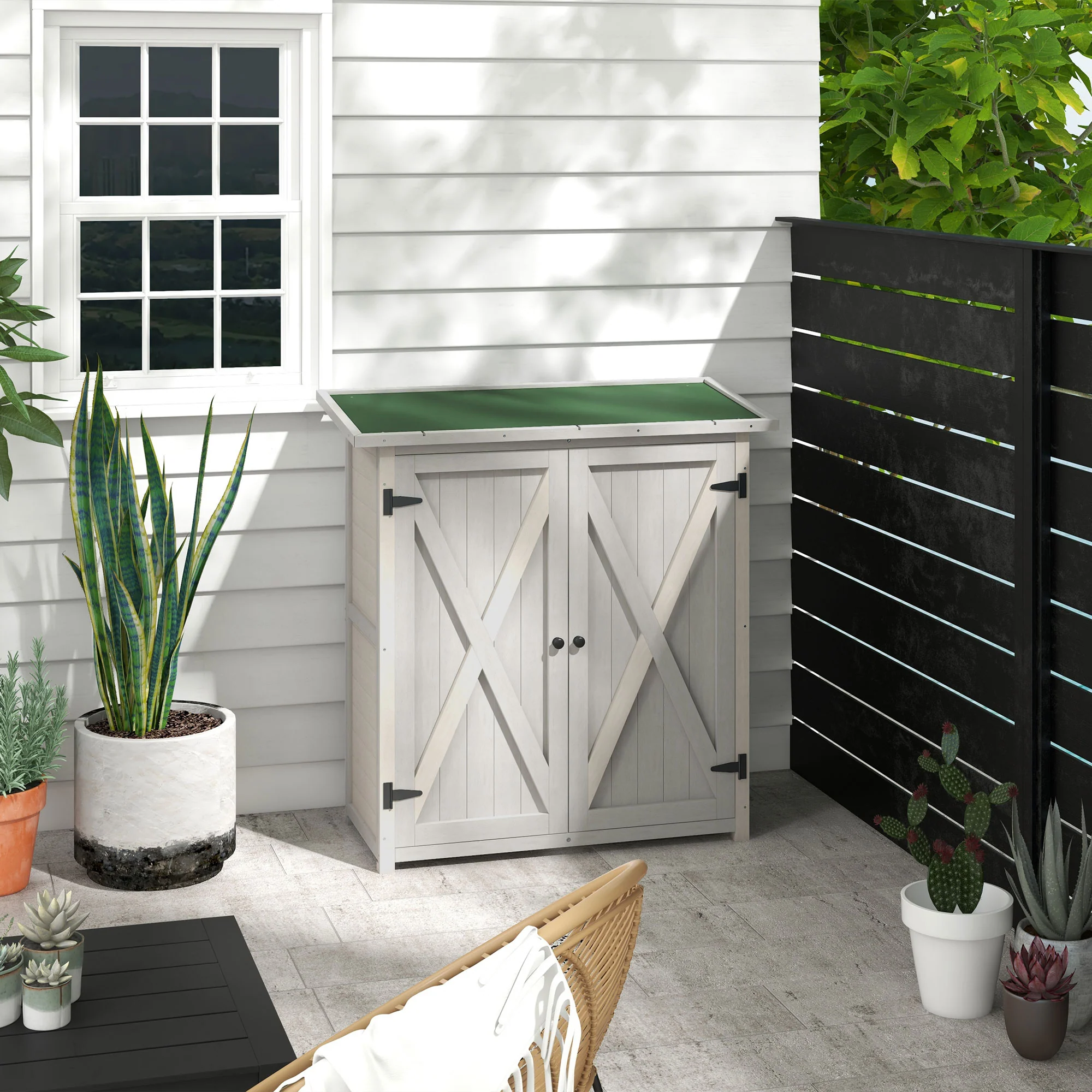 Outsunny Wood Garden Storage Shed Tool Cabinet Organizer w/ Shelves, Light Grey - Image 2