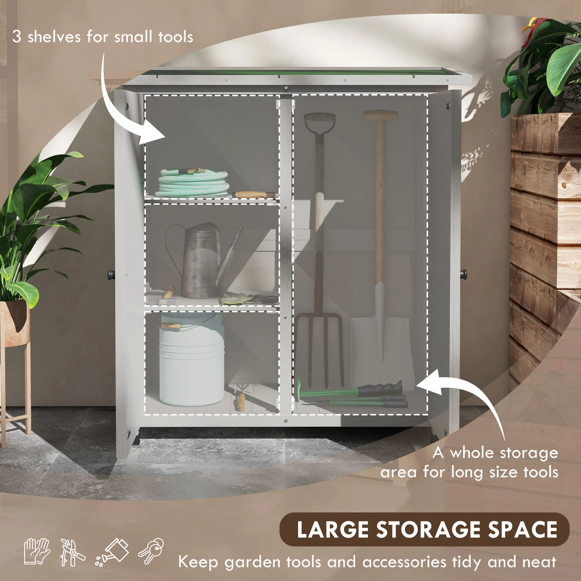 Outsunny Wood Garden Storage Shed Tool Cabinet Organizer w/ Shelves, Light Grey - Image 3