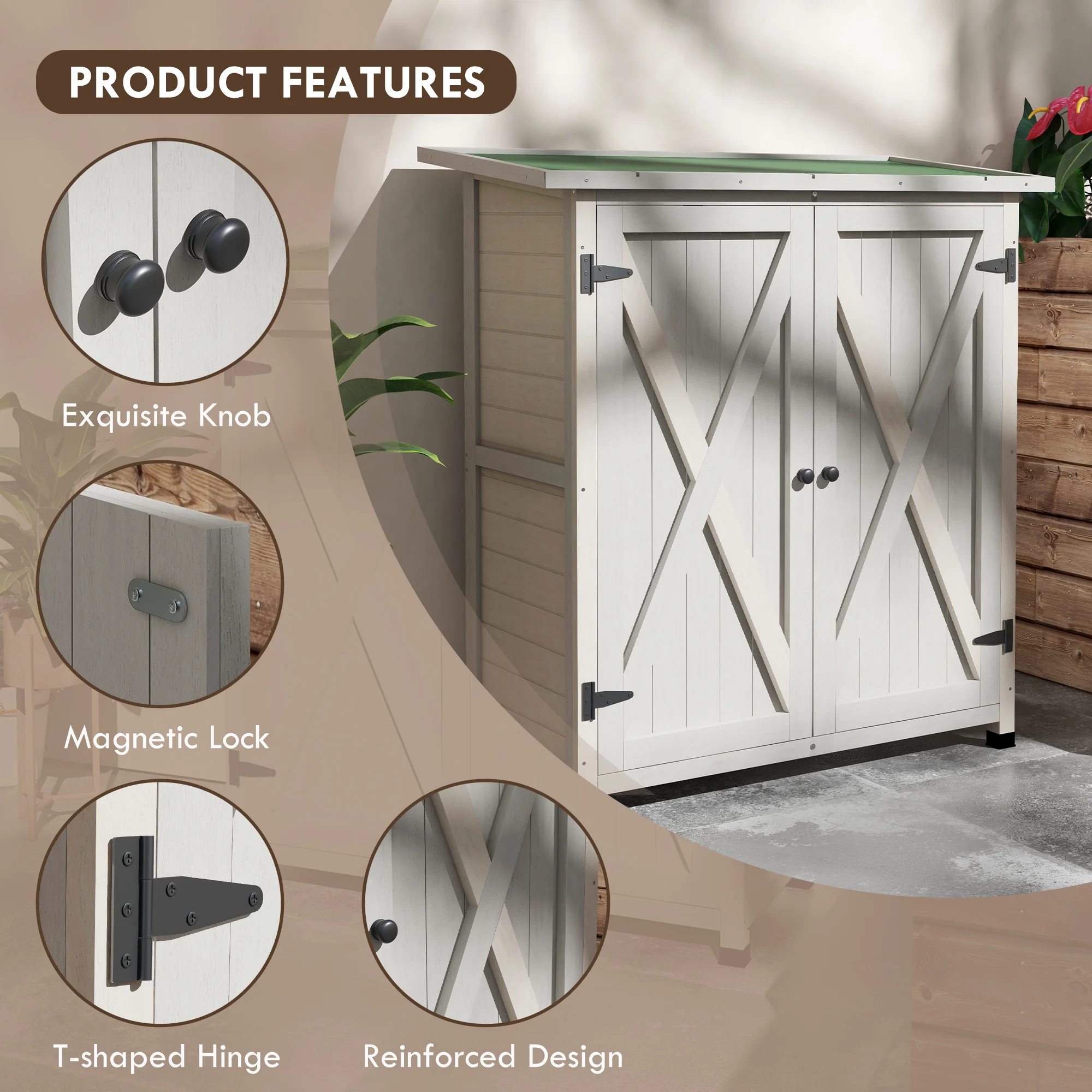 Outsunny Wood Garden Storage Shed Tool Cabinet Organizer w/ Shelves, Light Grey - Image 4