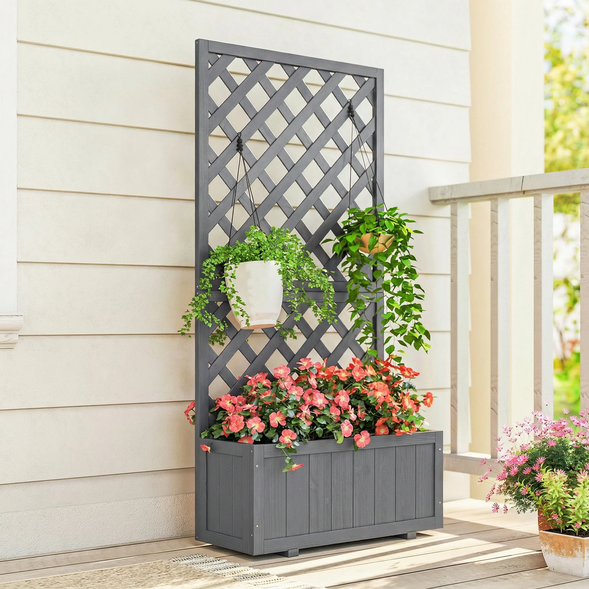 Outsunny Wood Planter With Trellis For Climbing Plants, Grey - Image 8