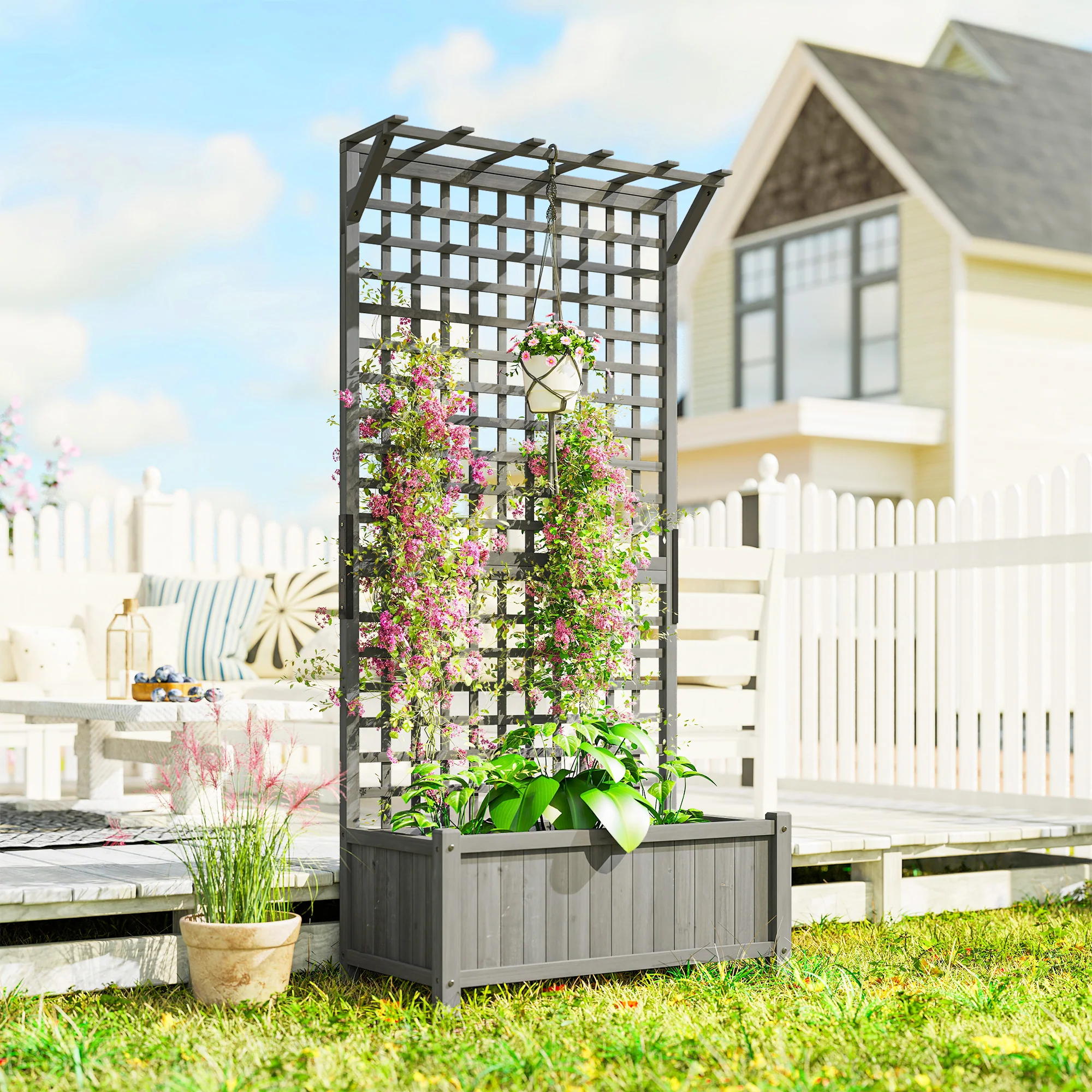 Outsunny Wood Planter with Trellis for Climbing Plants Planter Box Dark Grey - Image 2